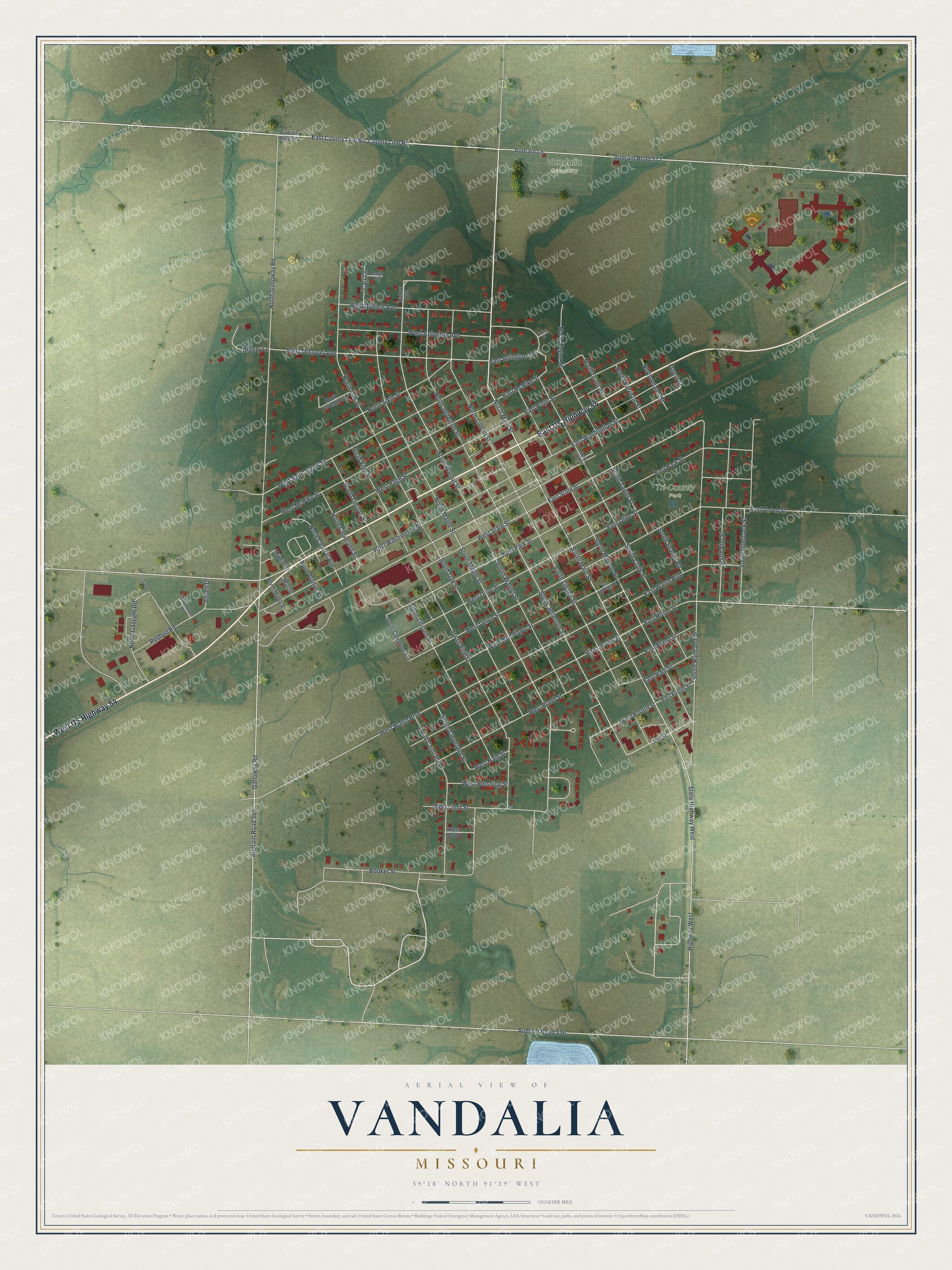 Full map of Vandalia, Missouri, with red buildings, printed street names and the land around them