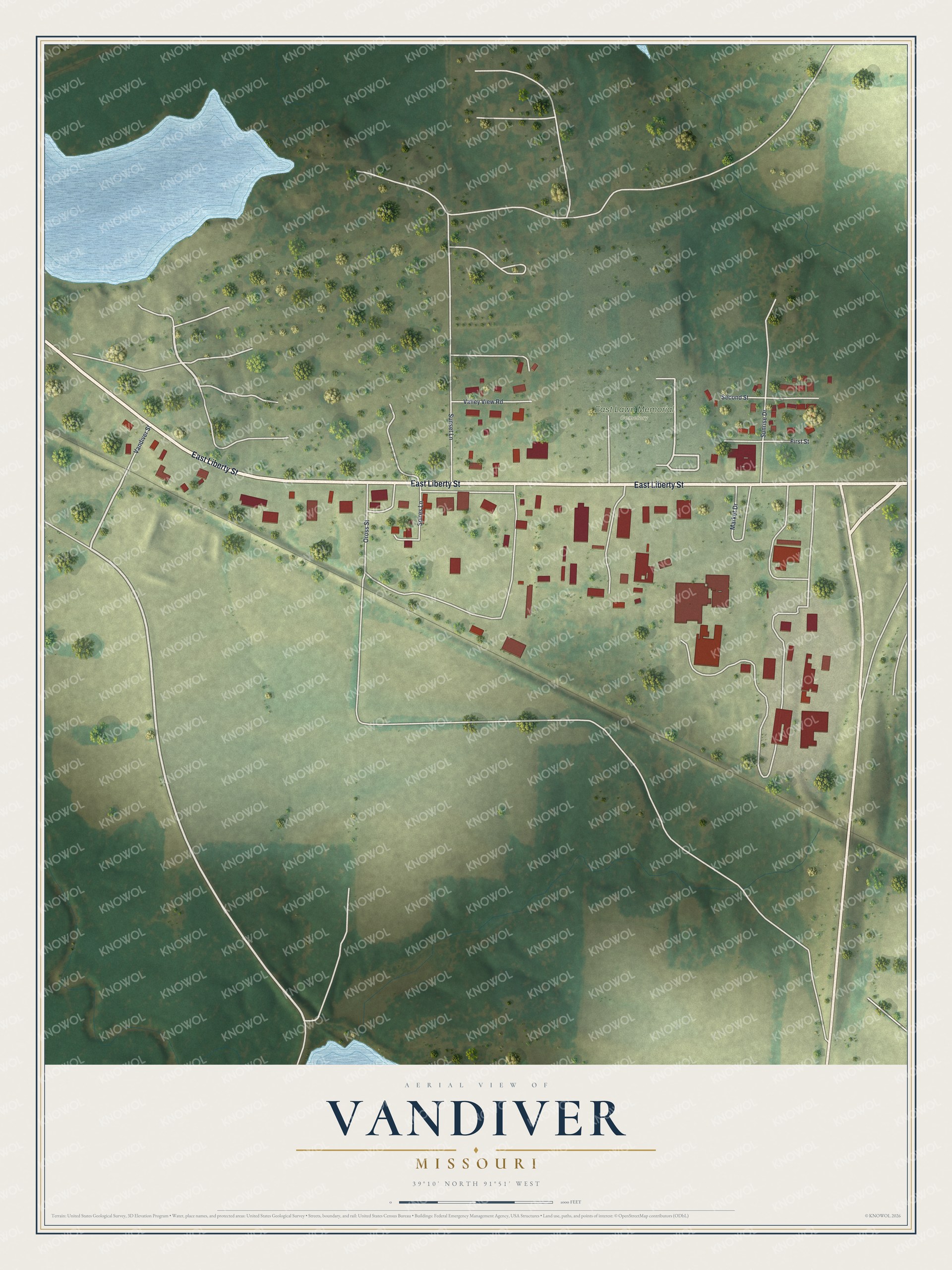 Full map of Vandiver, Missouri, with red buildings, printed street names and the land around them