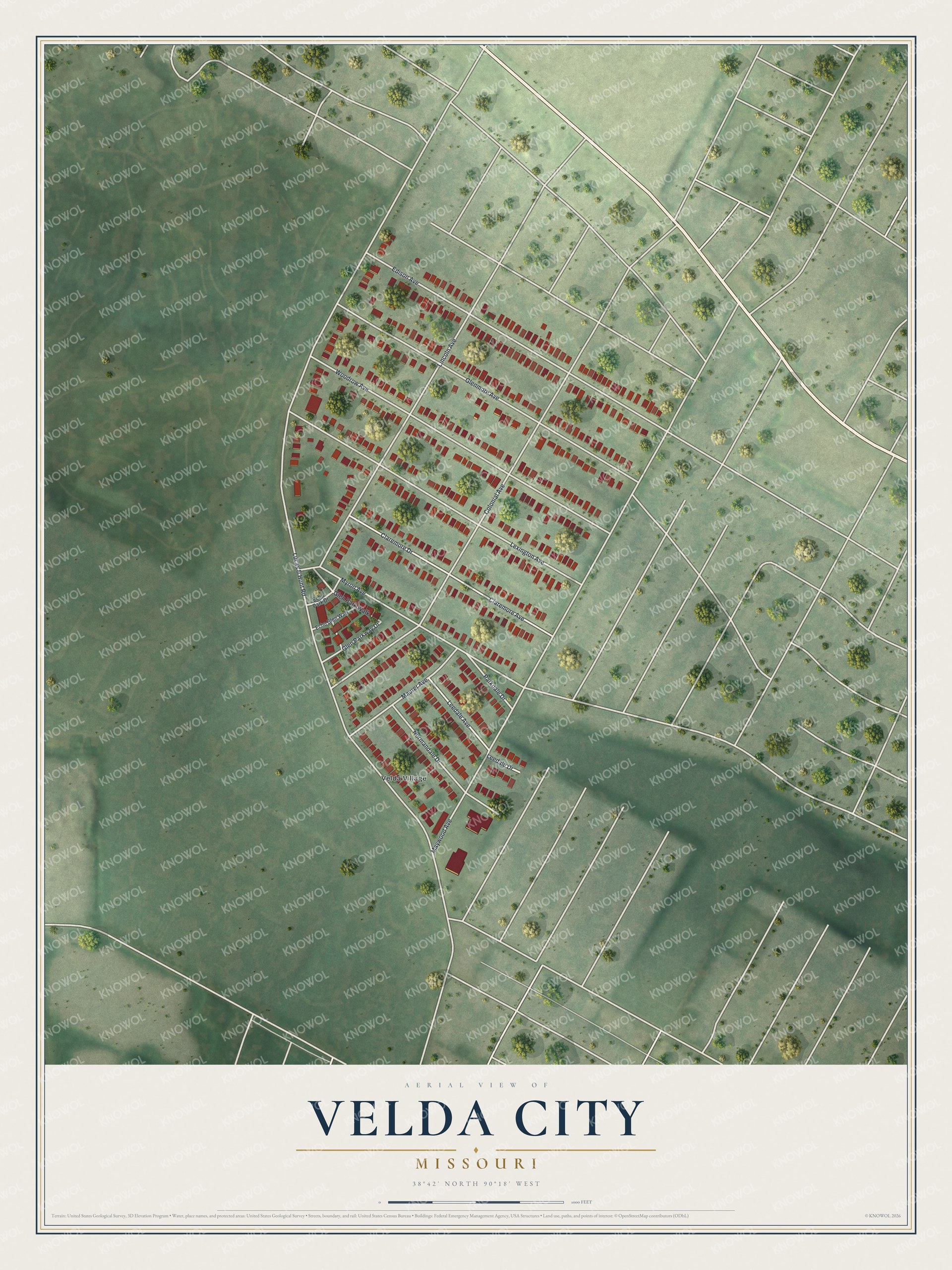 Full map of Velda City, Missouri, with red buildings, printed street names and the land around them
