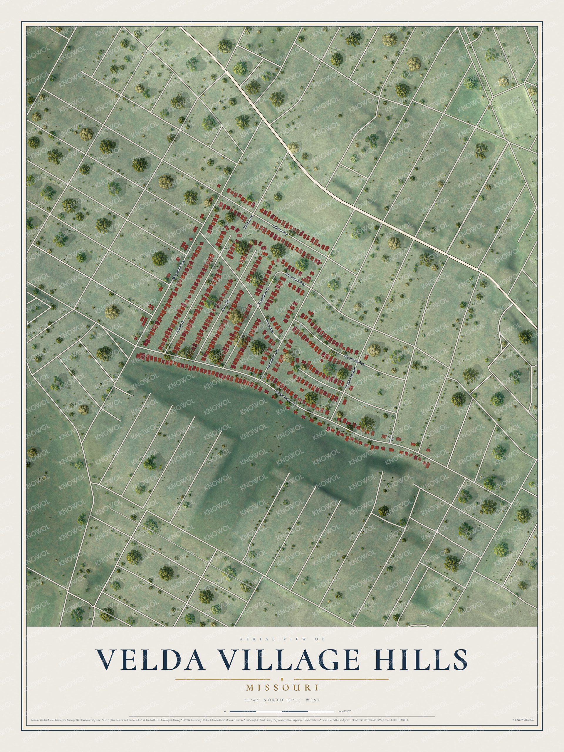 Full map of Velda Village Hills, Missouri, with red buildings, printed street names and the land around them