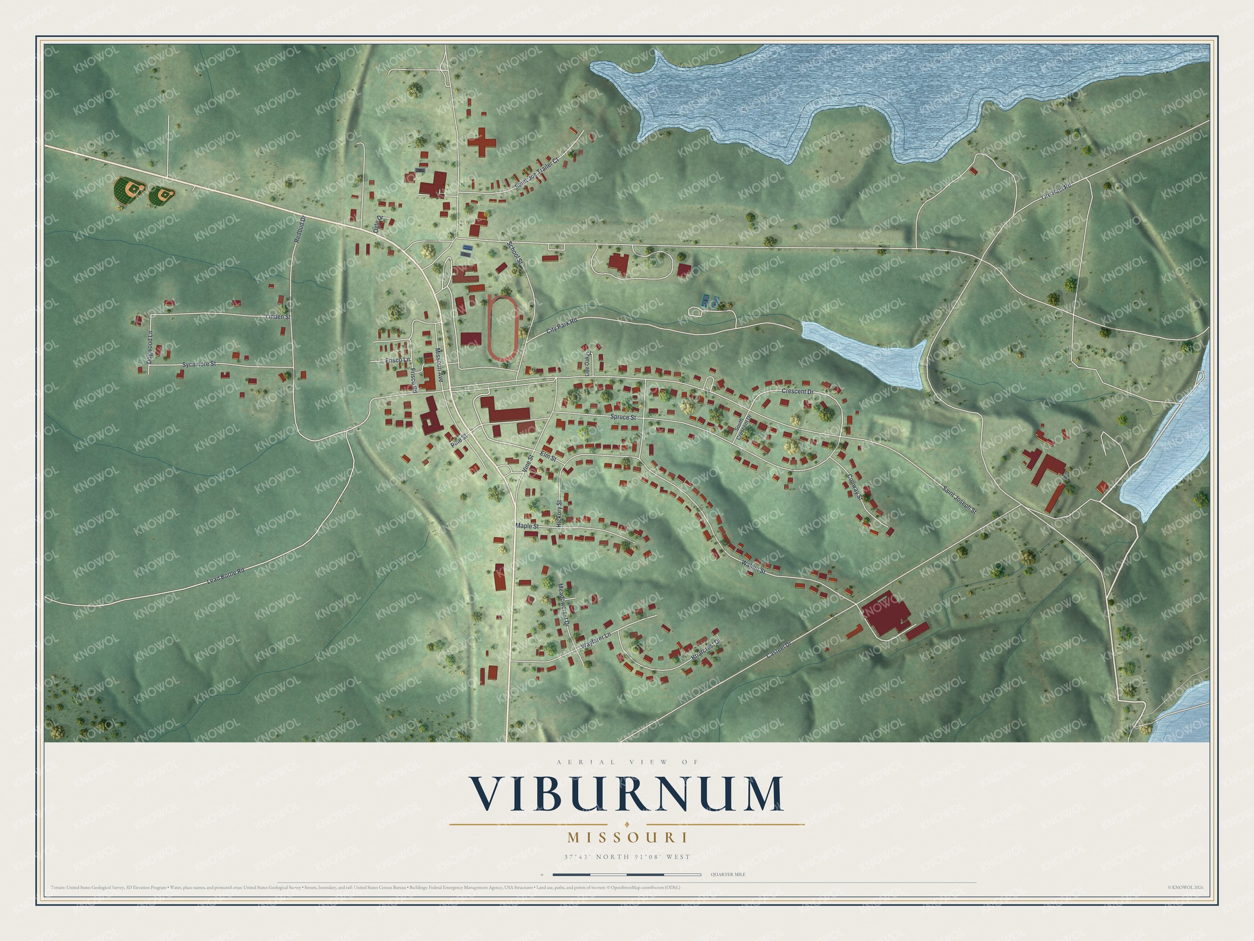 Full map of Viburnum, Missouri, with red buildings, printed street names and the land around them