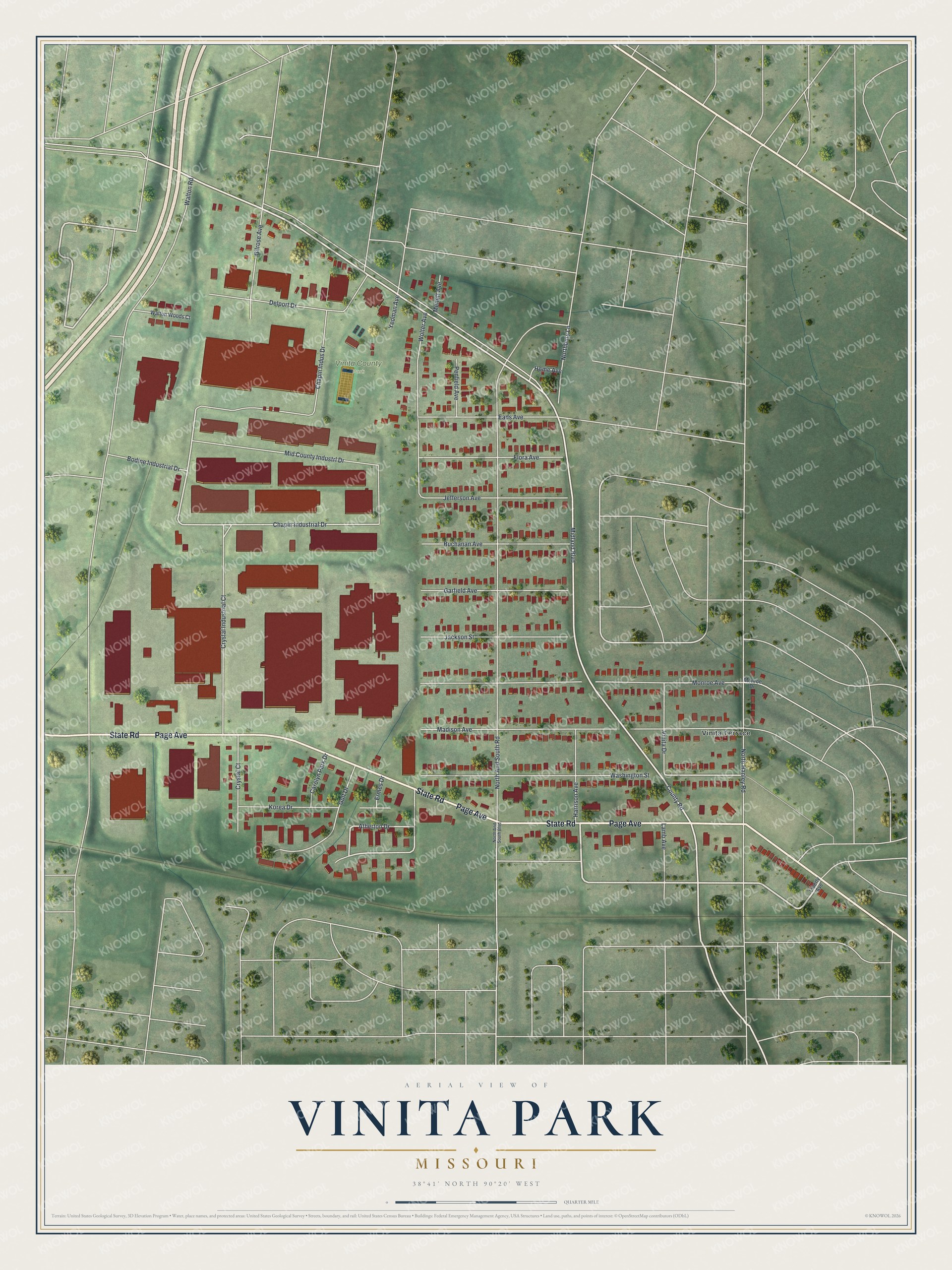 Full map of Vinita Park, Missouri, with red buildings, printed street names and the land around them