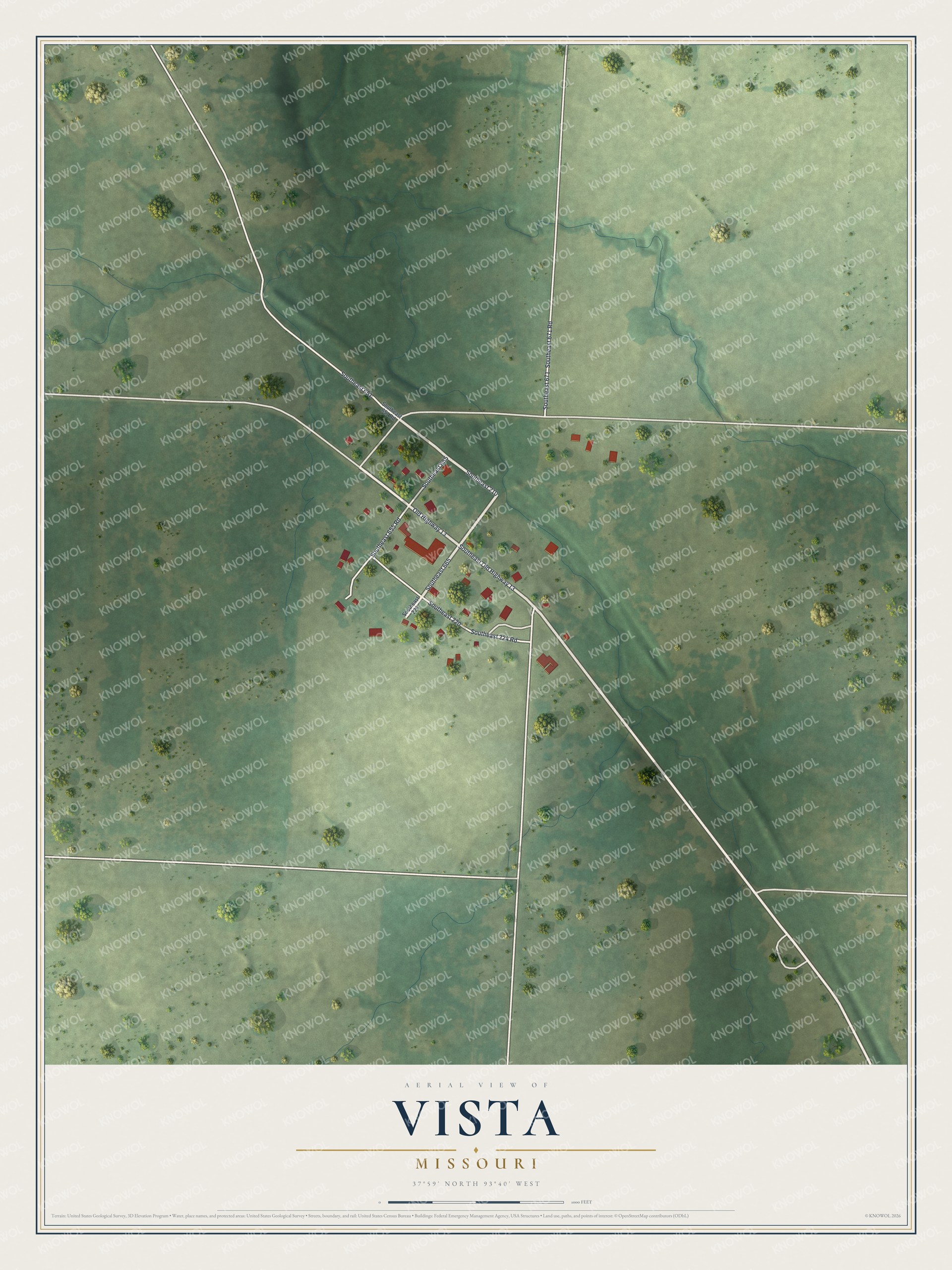 Full map of Vista, Missouri, with red buildings, printed street names and the land around them