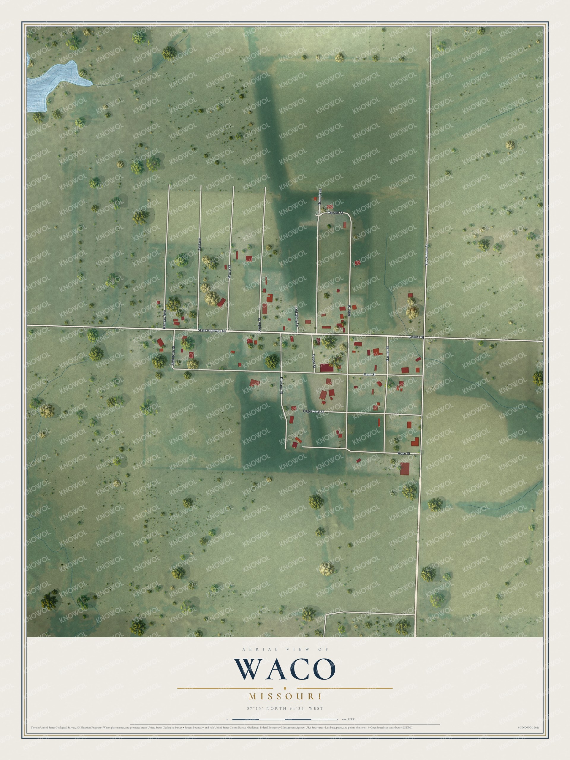 Full map of Waco, Missouri, with red buildings, printed street names and the land around them