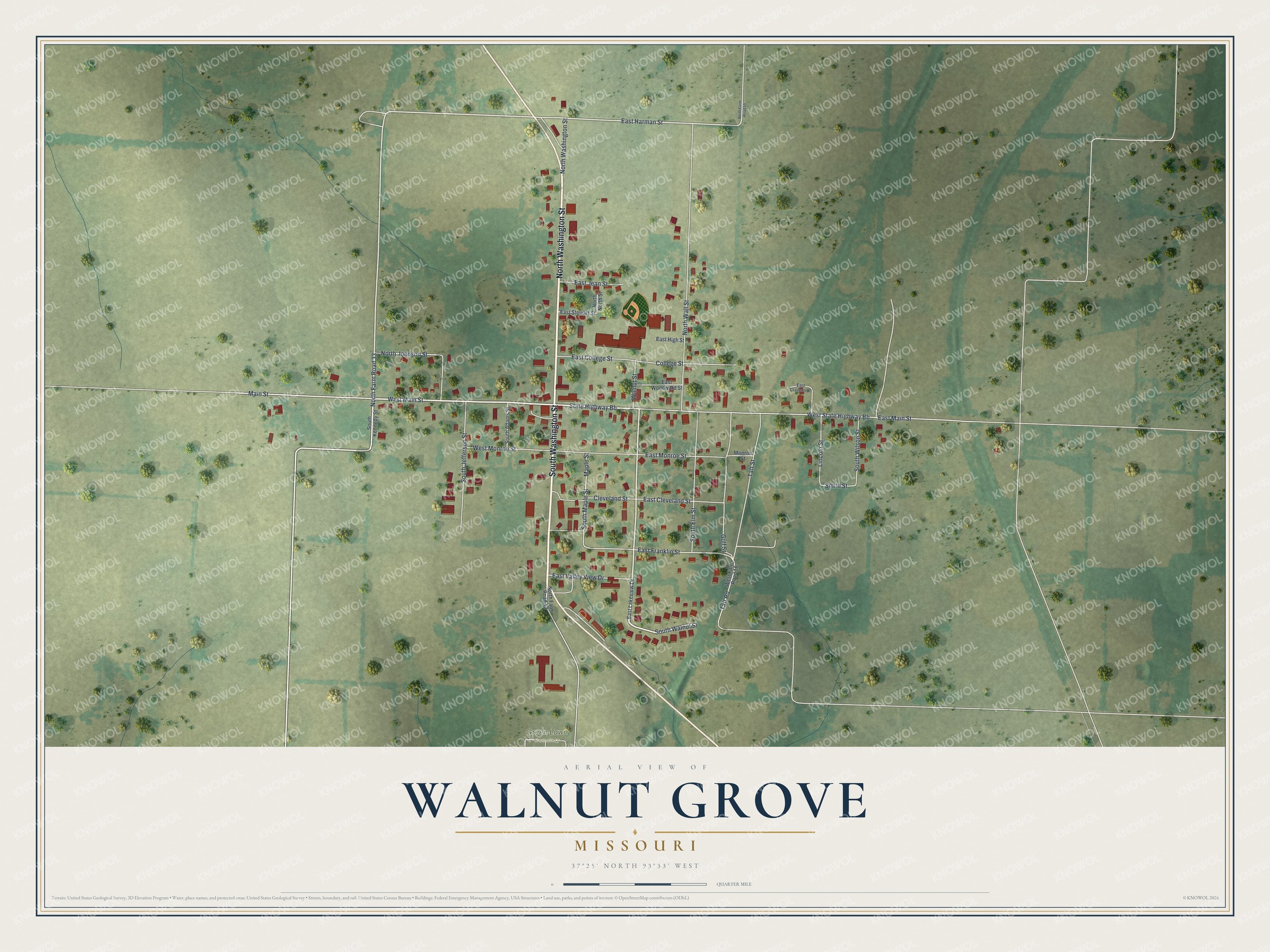Full map of Walnut Grove, Missouri, with red buildings, printed street names and the land around them