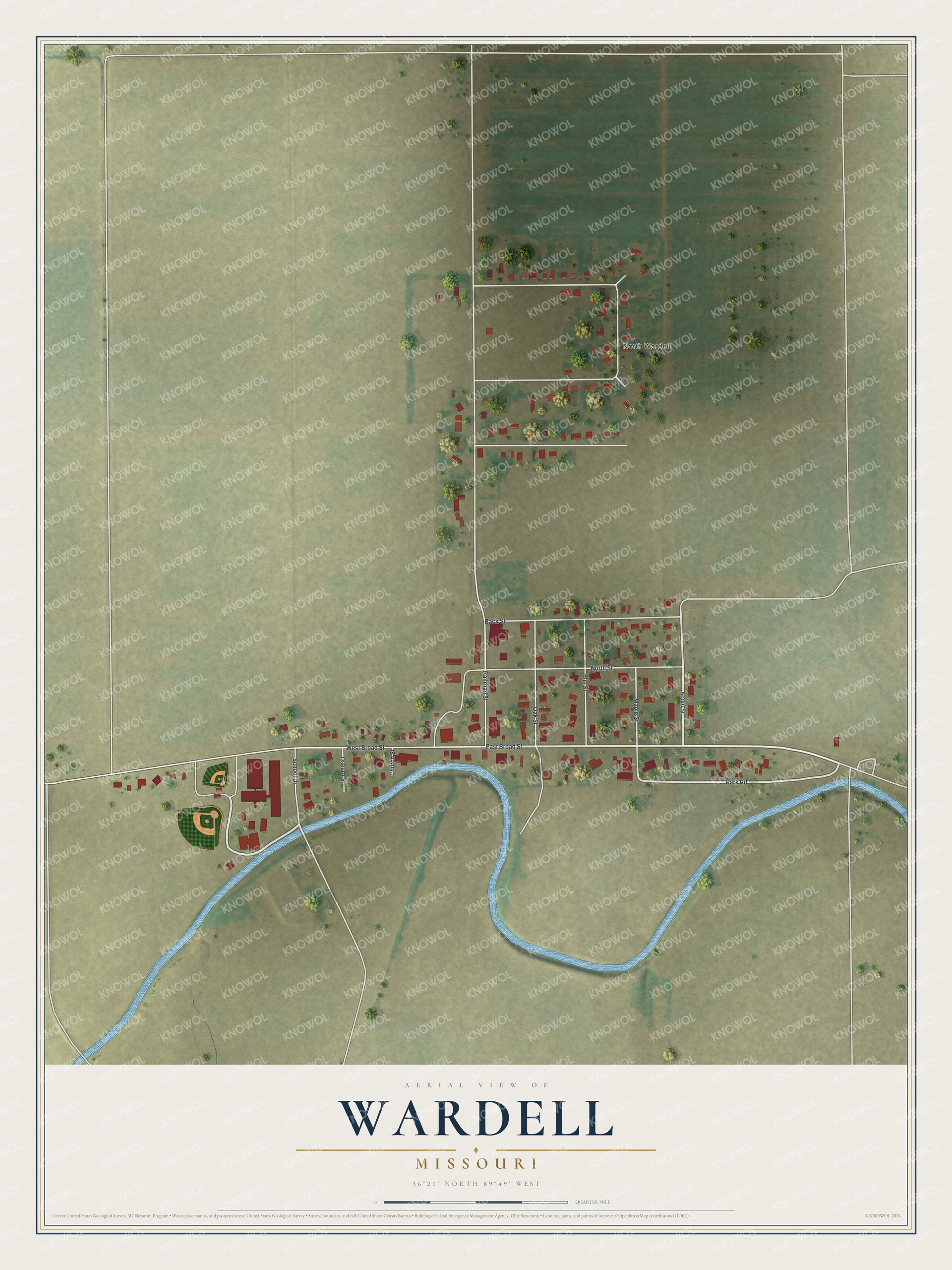 Full map of Wardell, Missouri, with red buildings, printed street names and the land around them