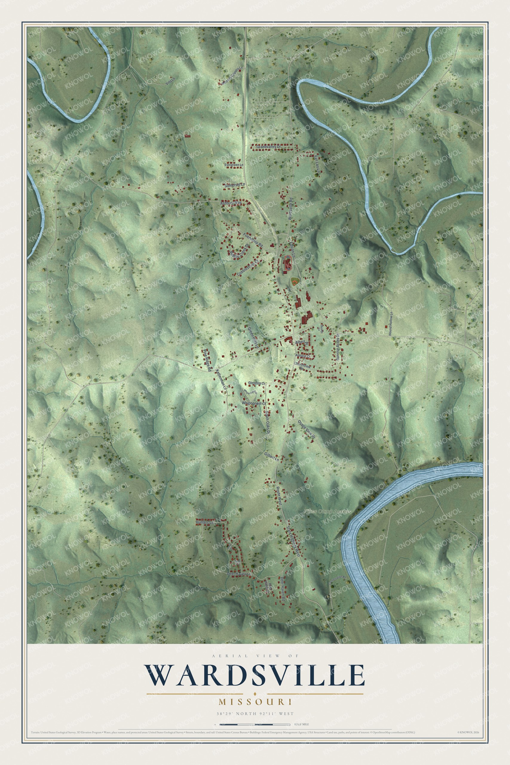 Full map of Wardsville, Missouri, with red buildings, printed street names and the land around them
