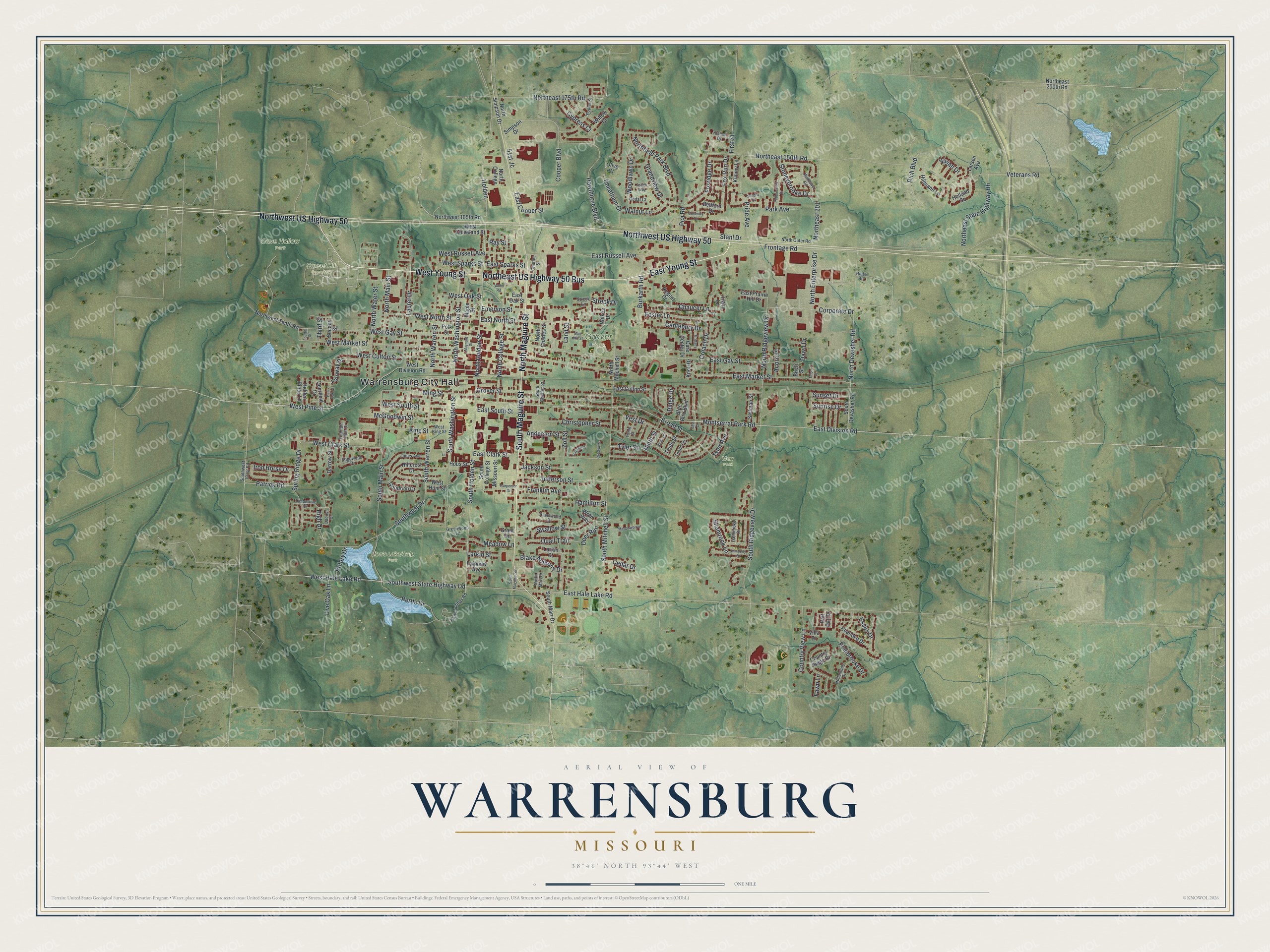 Aerial view map of Warrensburg, Missouri with red buildings, green hills, blue lakes and Highway 50 across the top