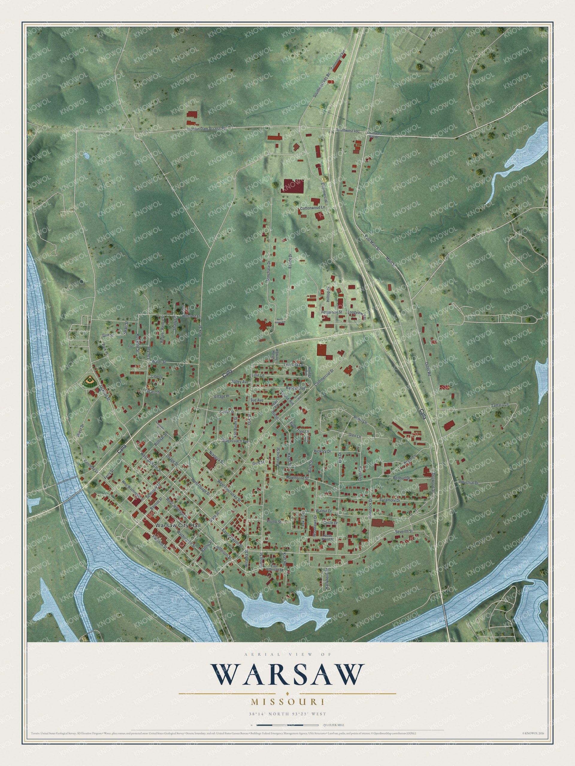 Full map of Warsaw, Missouri, with red buildings, printed street names and the land around them