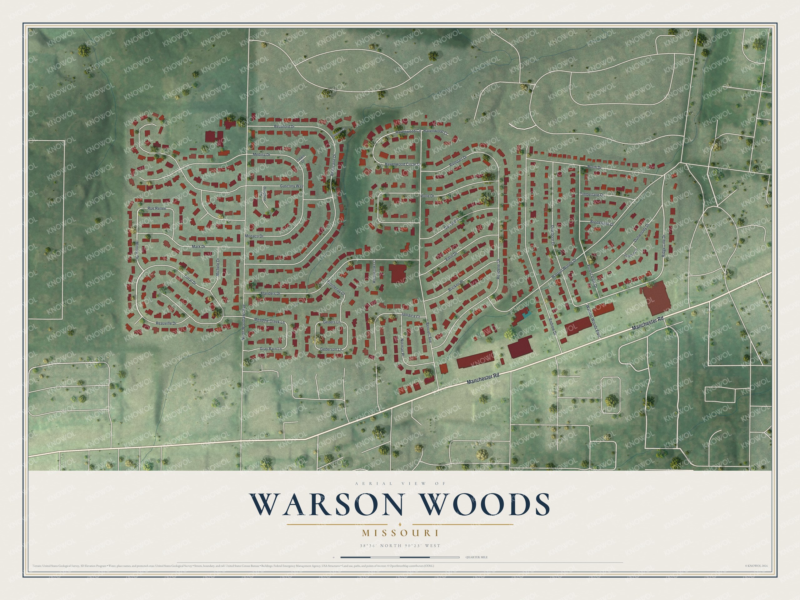 Full map of Warson Woods, Missouri, with red buildings, printed street names and the land around them