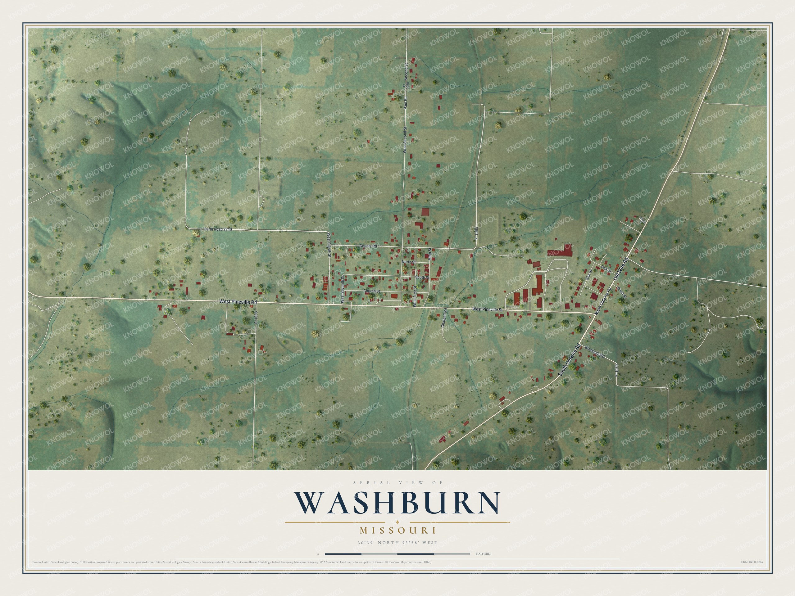 Full map of Washburn, Missouri, with red buildings, printed street names and the land around them
