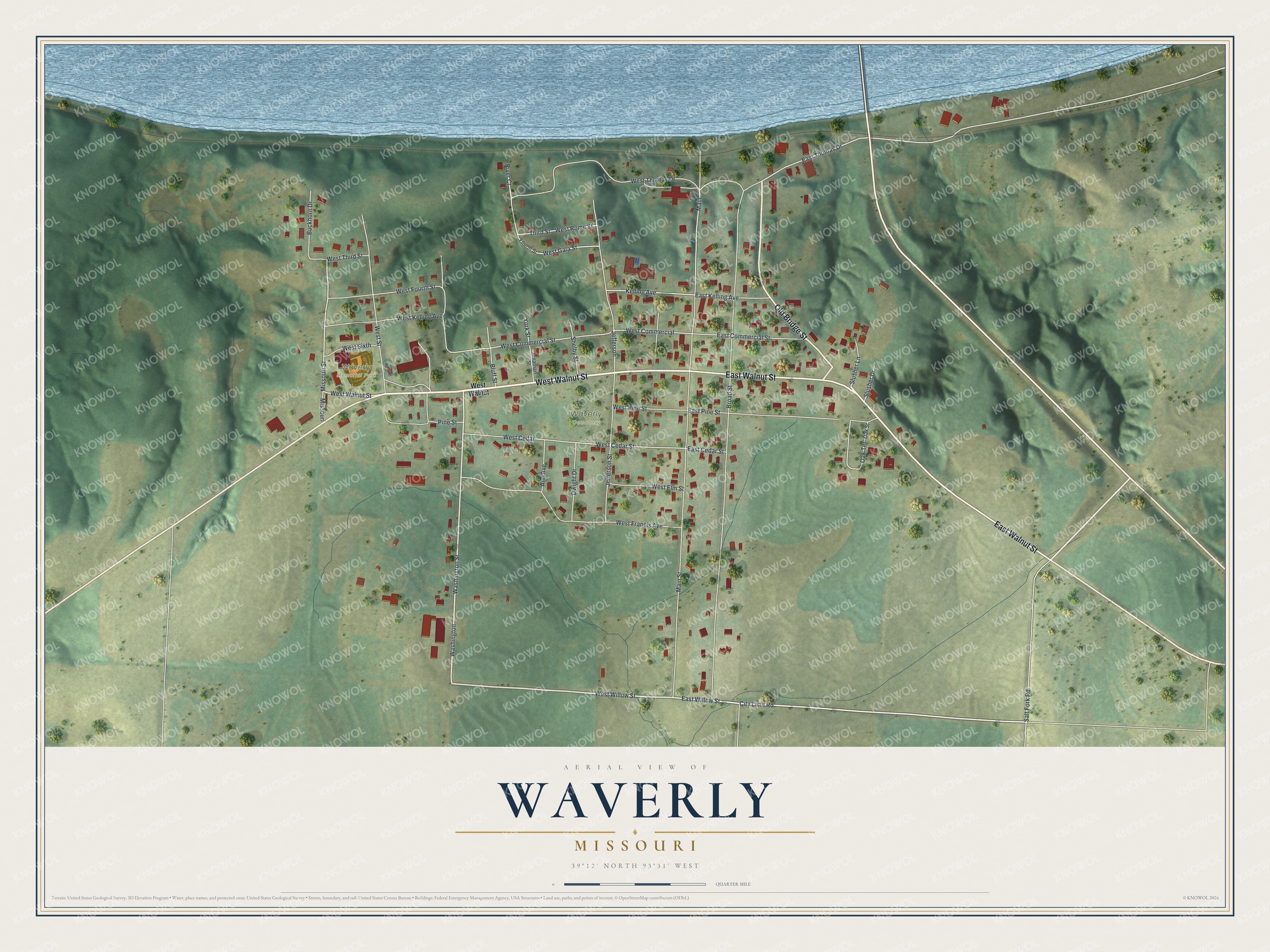 Full map of Waverly, Missouri, with red buildings, printed street names and the land around them