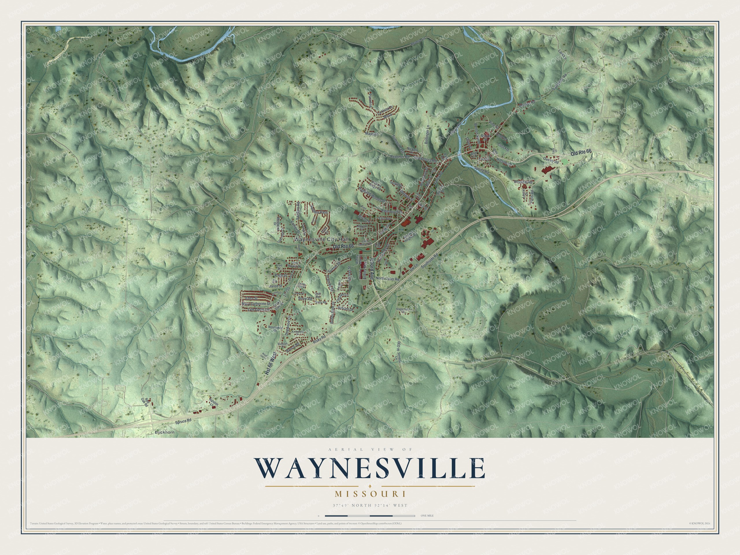 Aerial view map of Waynesville, Missouri with green shaded hills, a winding blue river and red buildings along Old Rte 66