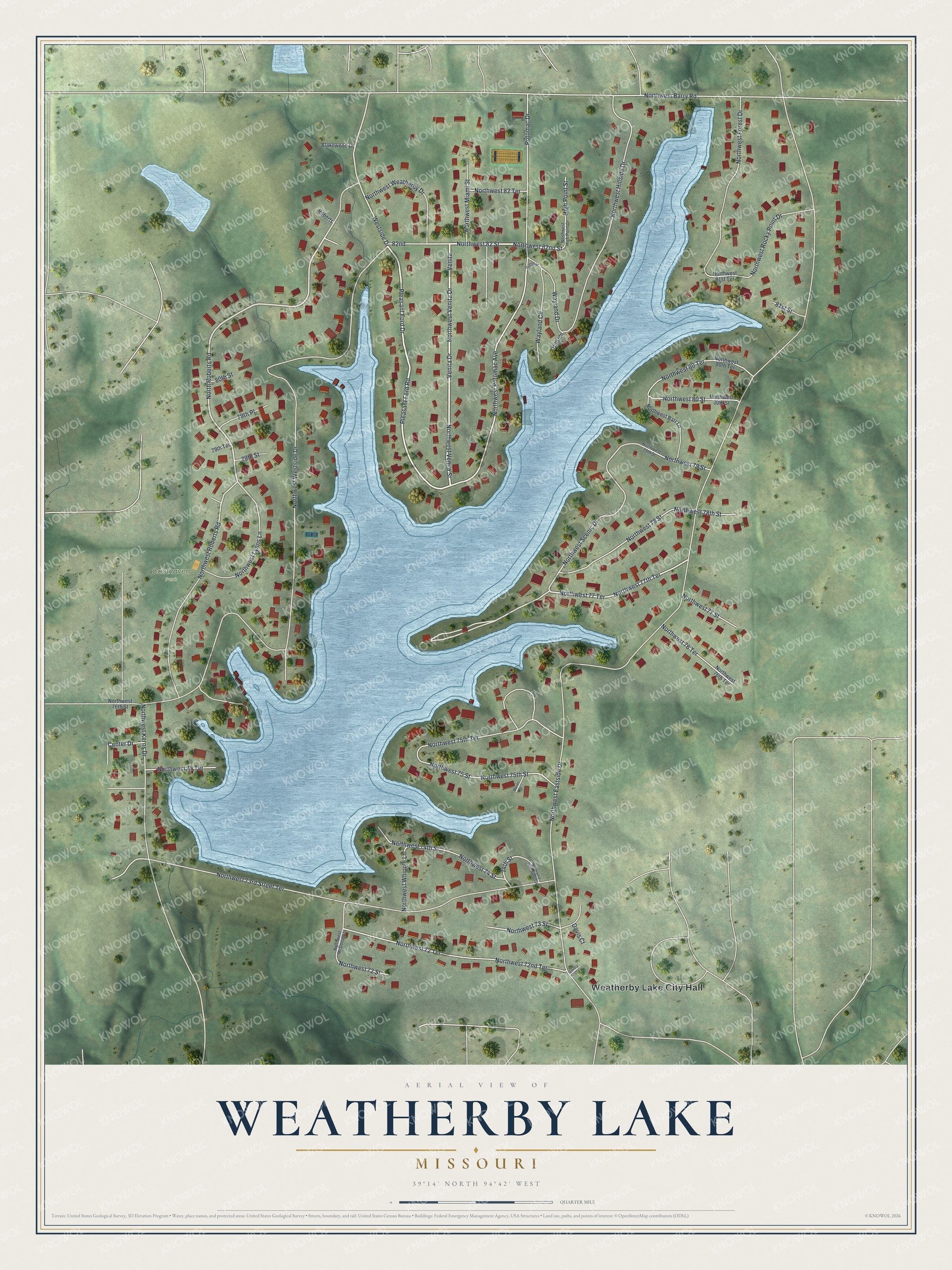 Full map of Weatherby Lake, Missouri, with red buildings, printed street names and the land around them