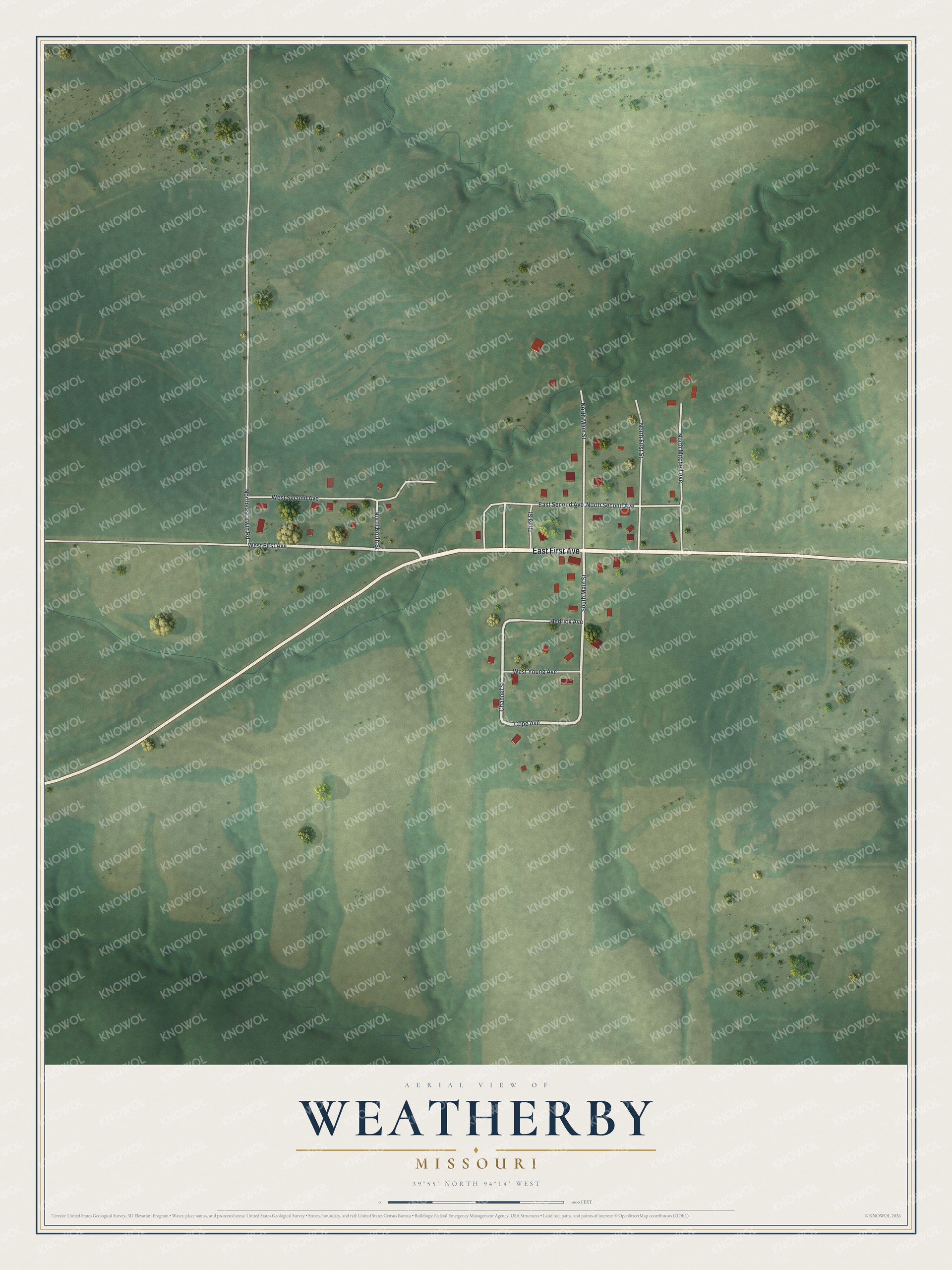 Full map of Weatherby, Missouri, with red buildings, printed street names and the land around them
