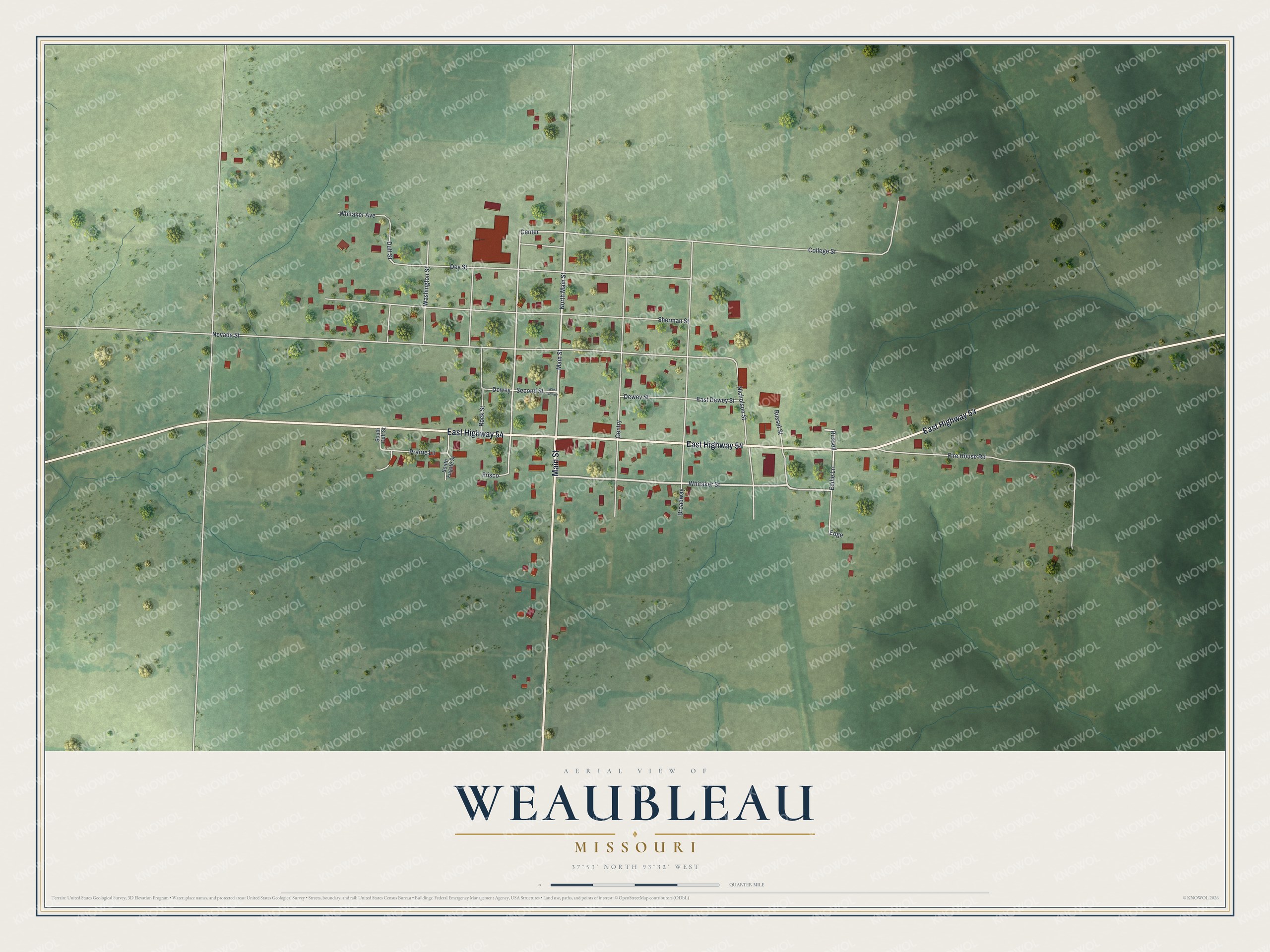 Full map of Weaubleau, Missouri, with red buildings, printed street names and the land around them