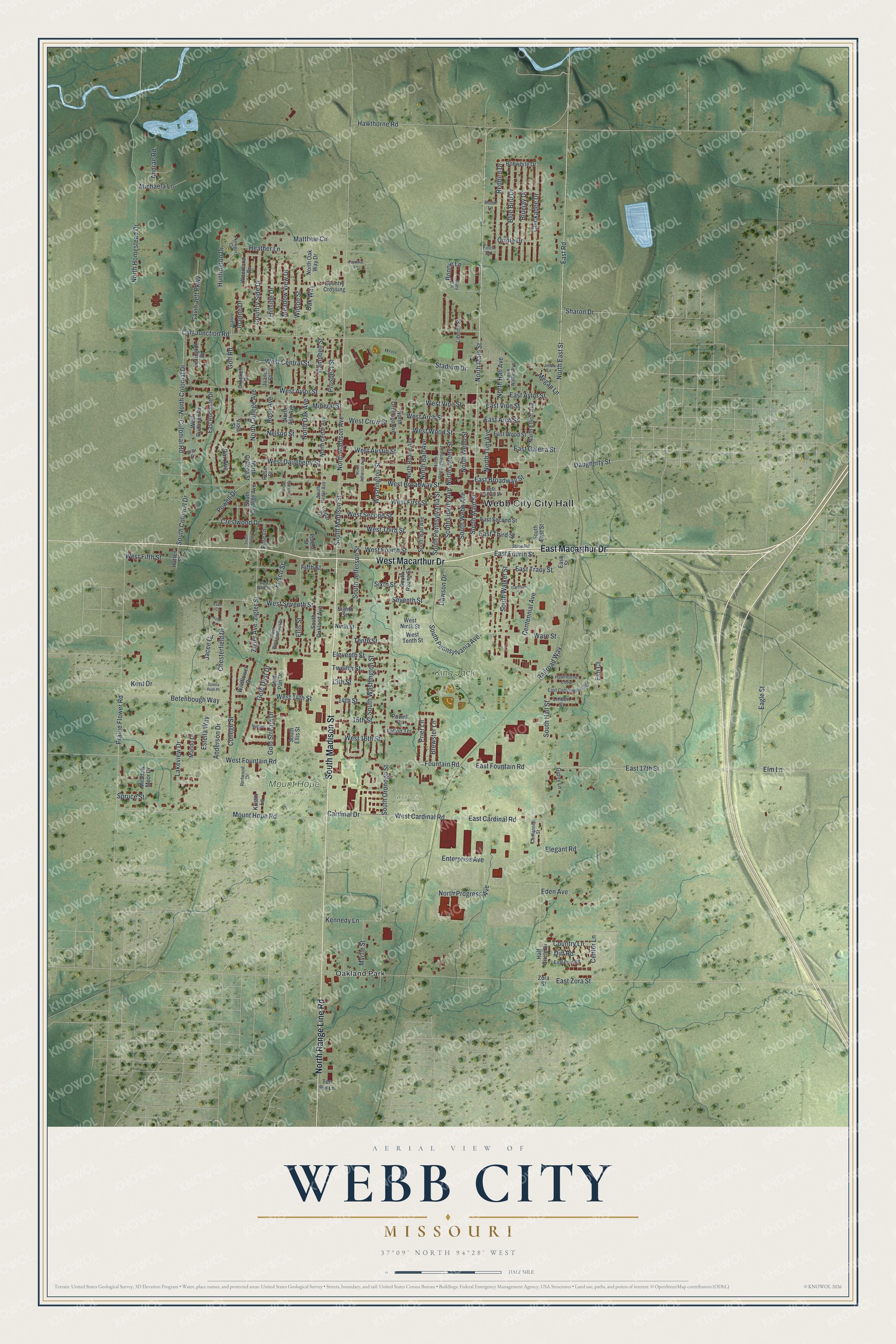 Aerial style map of Webb City, Missouri with red buildings, gray streets and green shaded hills, plus a highway curving down the right side