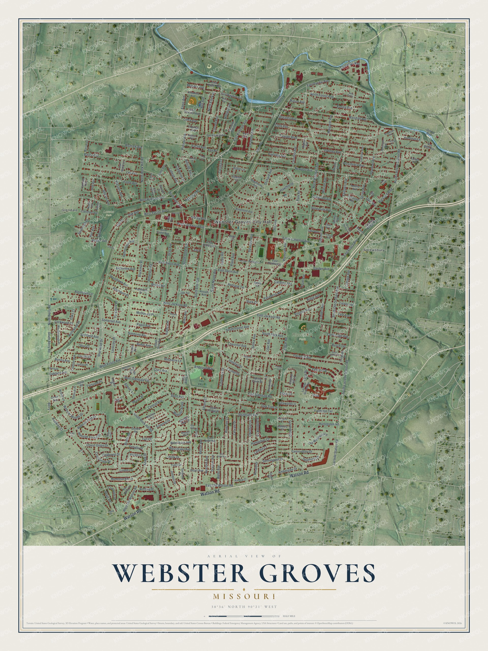 Map of Webster Groves, Missouri with red buildings on soft green hills, a blue creek at the top and a railroad line across the middle