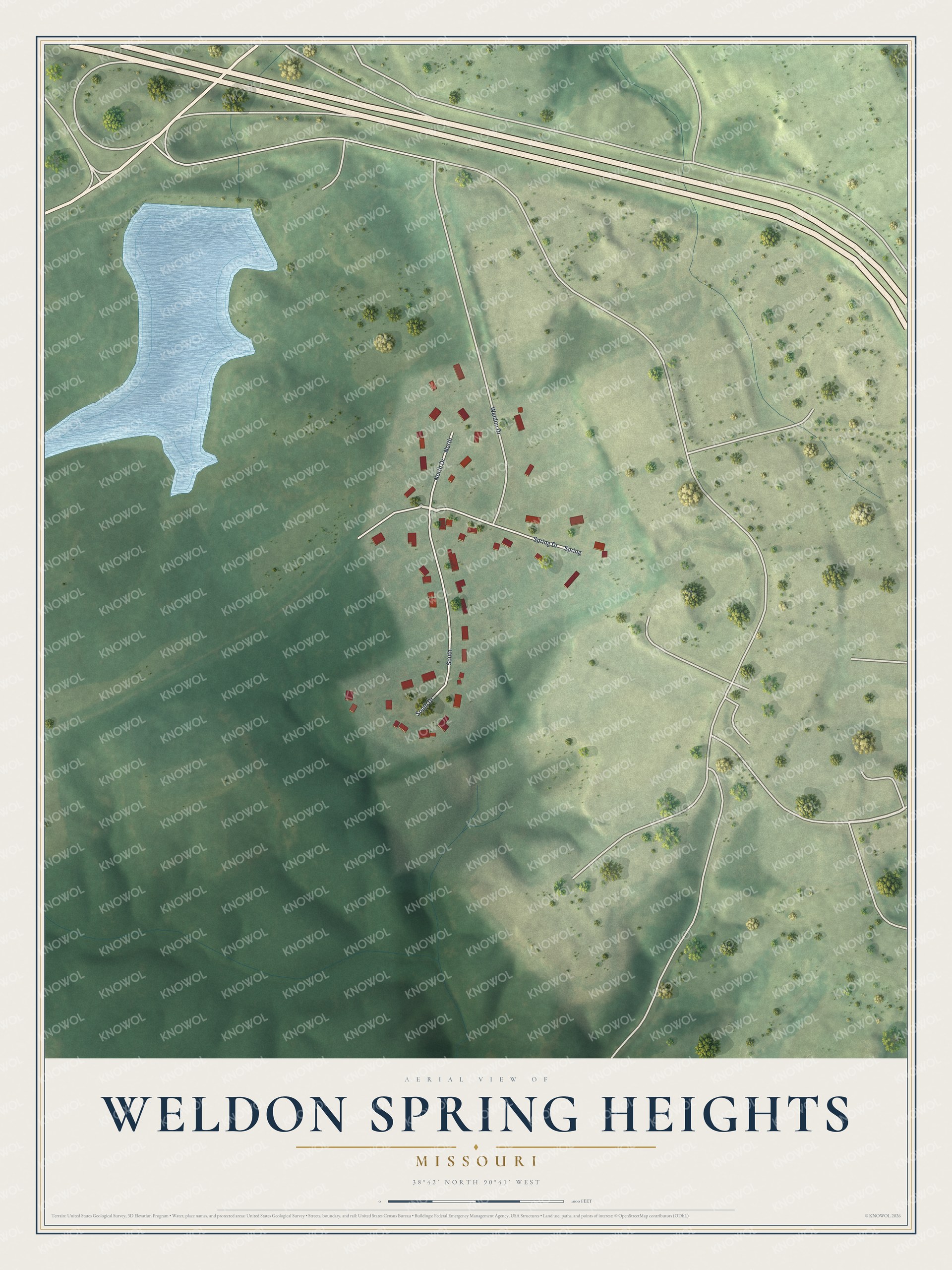 Full map of Weldon Spring Heights, Missouri, with red buildings, printed street names and the land around them