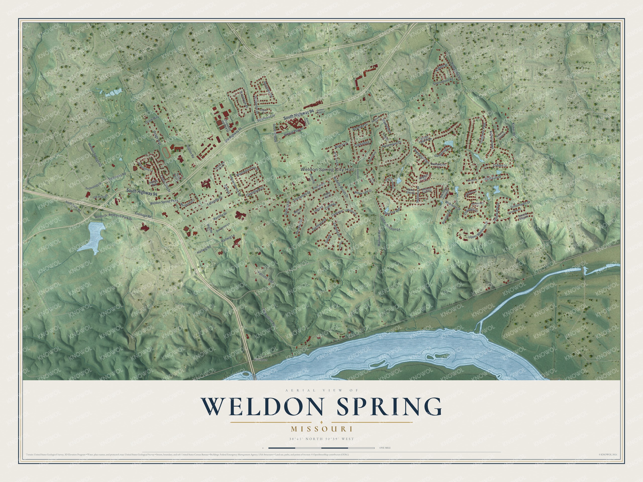 Full map of Weldon Spring, Missouri, with red buildings, printed street names and the land around them