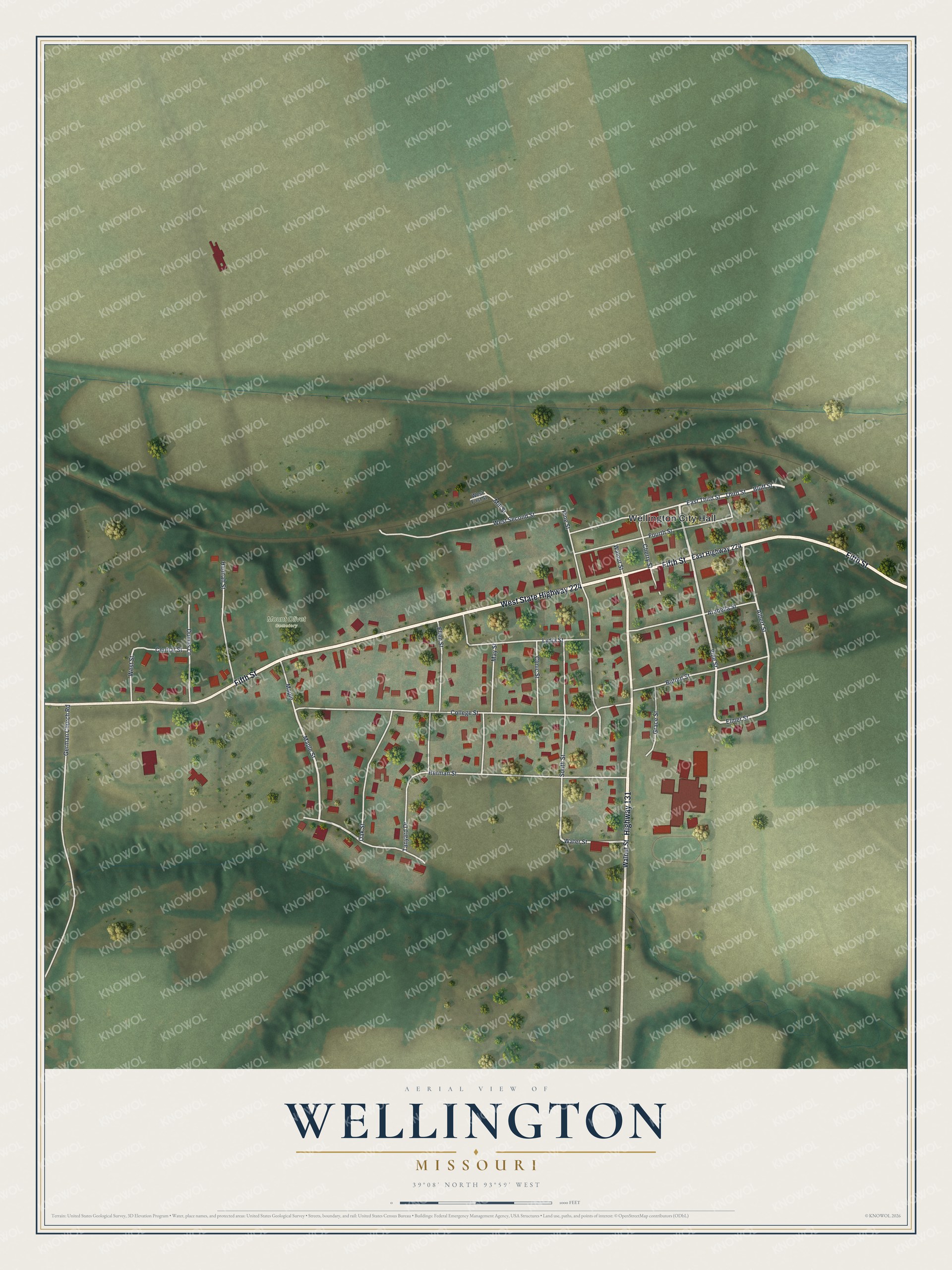 Full map of Wellington, Missouri, with red buildings, printed street names and the land around them