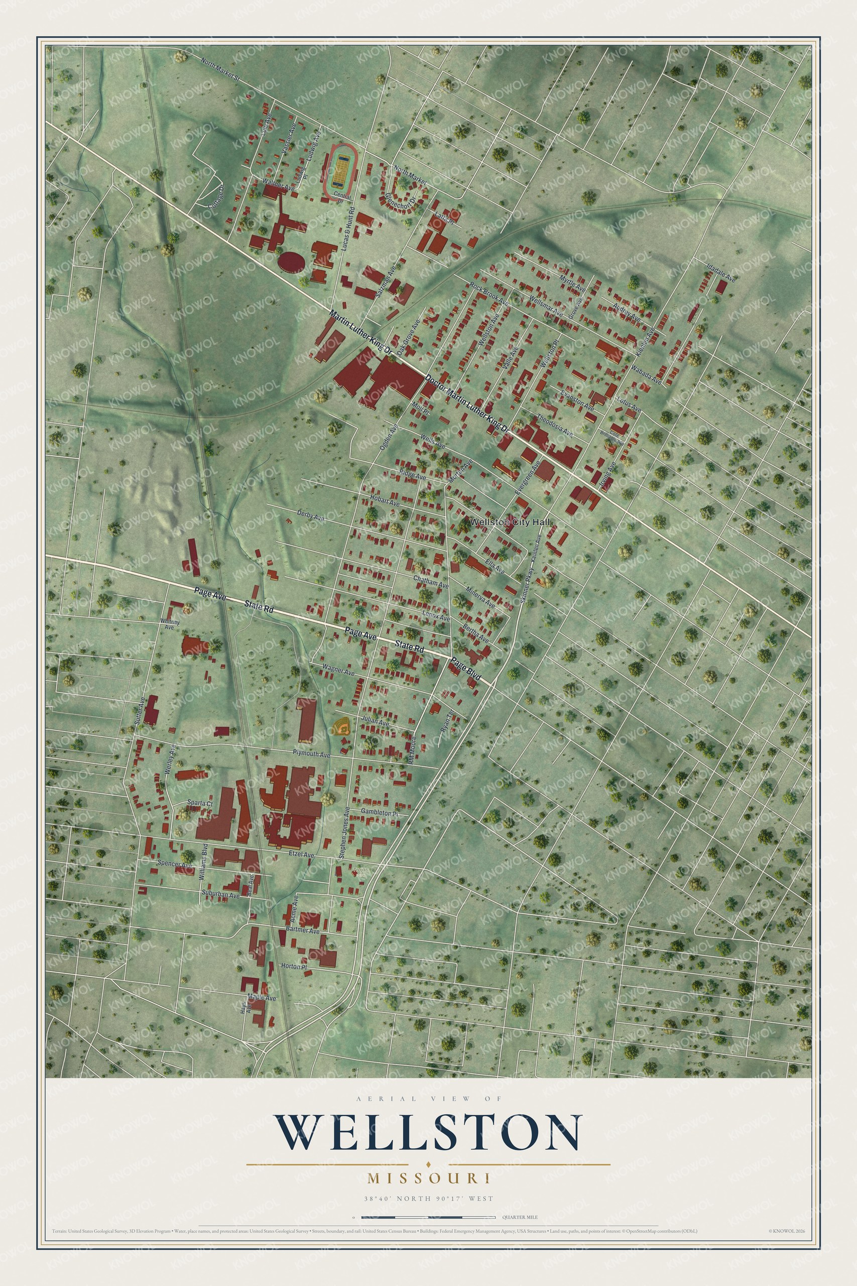 Aerial map of Wellston, Missouri in soft green with red buildings, Page Avenue and Doctor Martin Luther King Drive labeled on the map