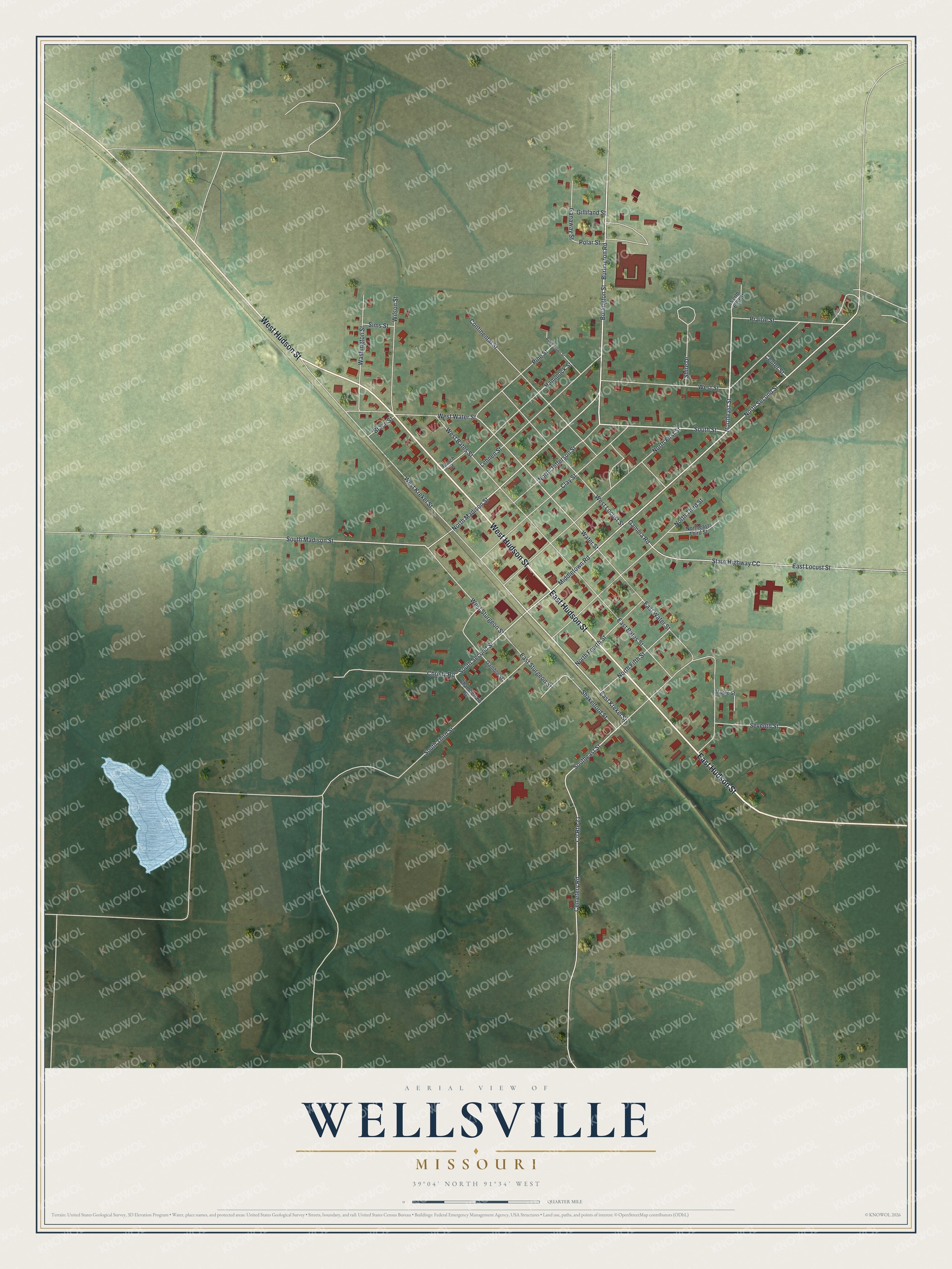 Full map of Wellsville, Missouri, with red buildings, printed street names and the land around them