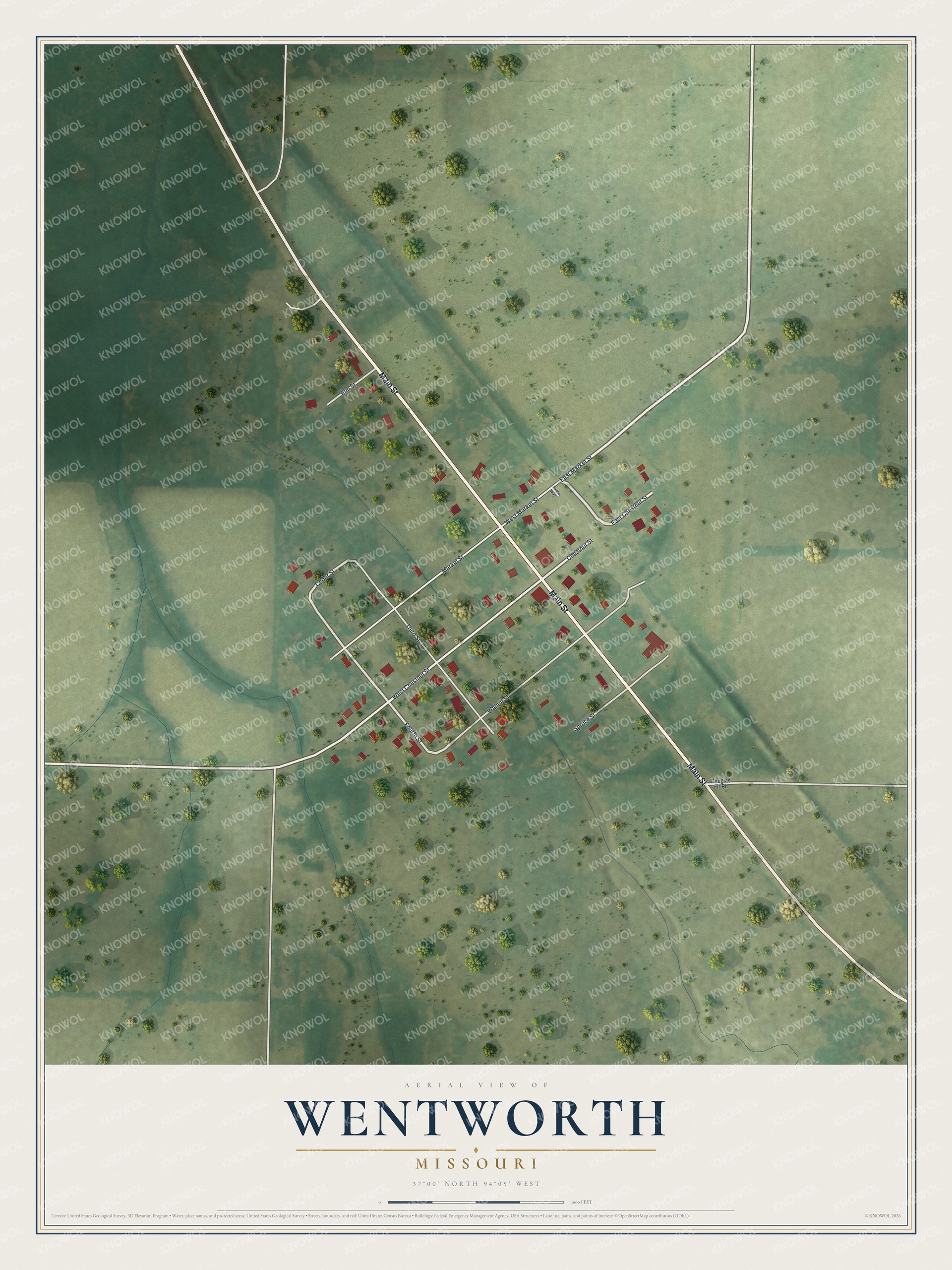 Full map of Wentworth, Missouri, with red buildings, printed street names and the land around them