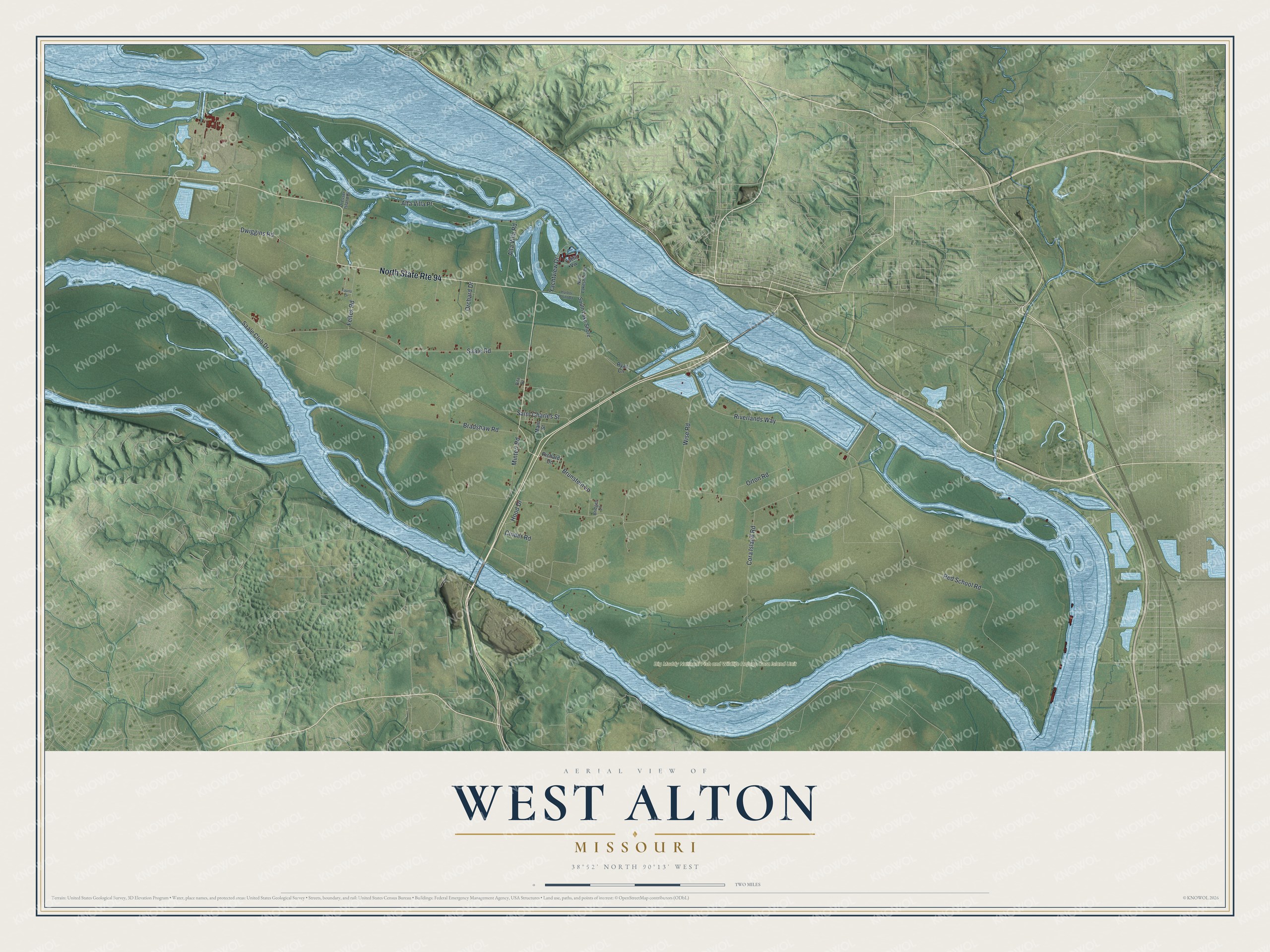 Full map of West Alton, Missouri, with red buildings, printed street names and the land around them