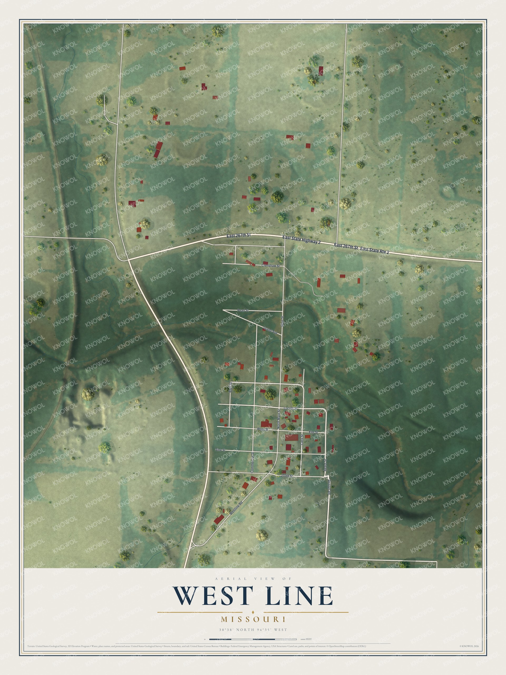 Full map of West Line, Missouri, with red buildings, printed street names and the land around them
