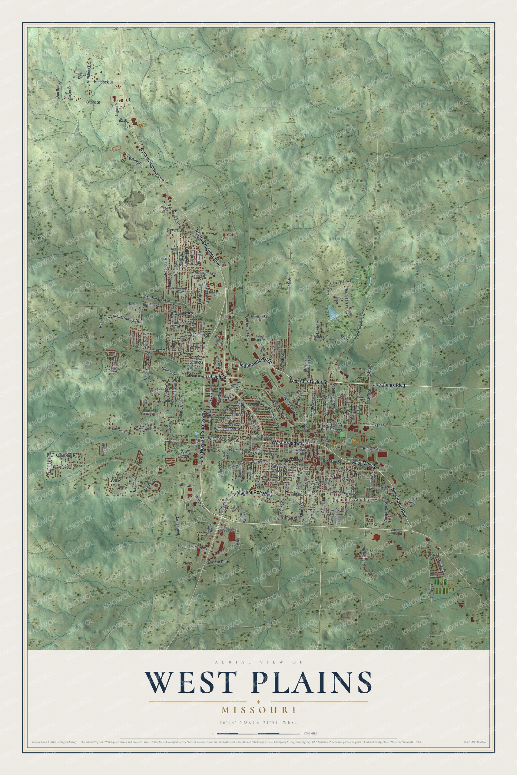 Aerial map of West Plains, Missouri, with red buildings and named streets set among green hills and blue creeks
