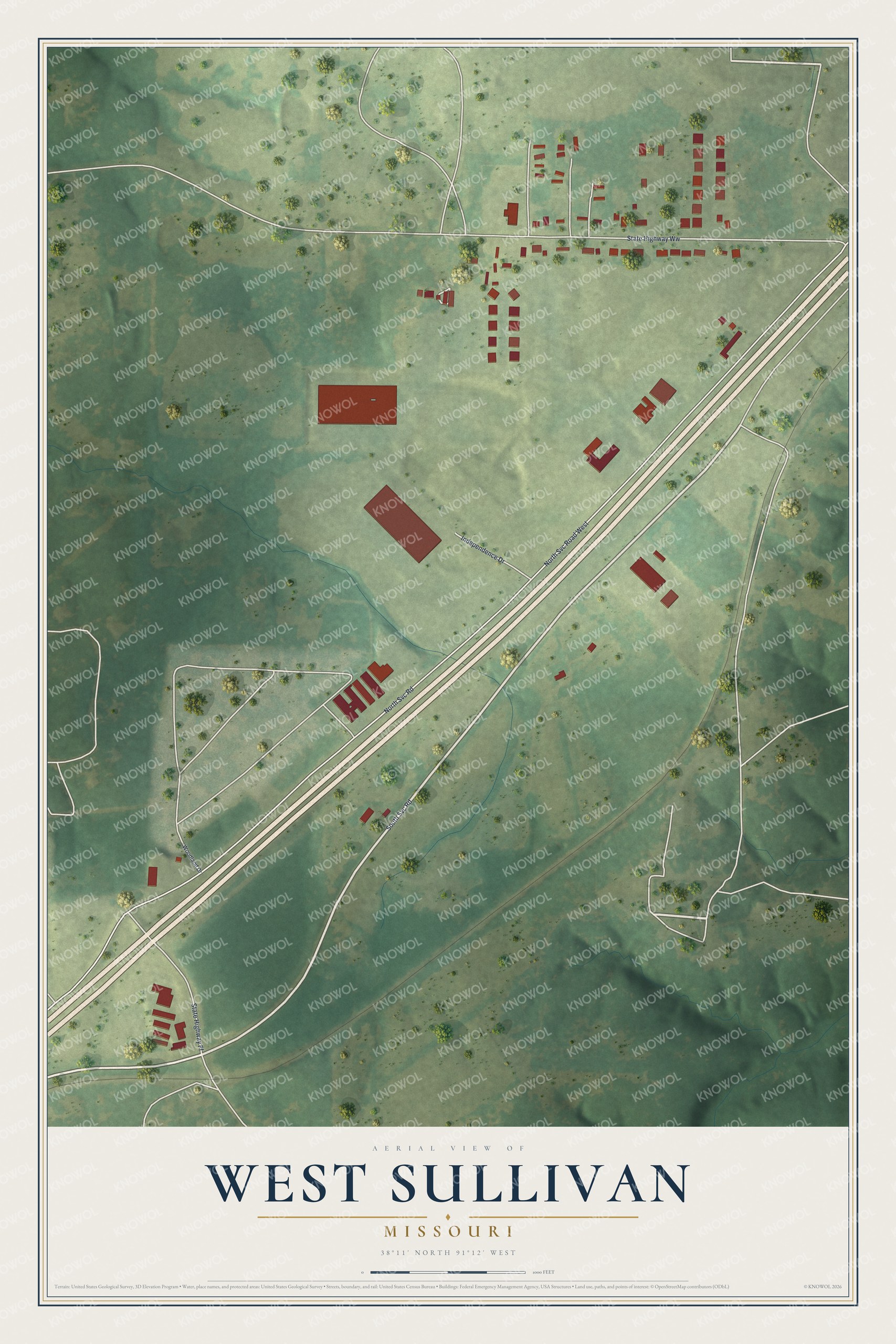 Full map of West Sullivan, Missouri, with red buildings, printed street names and the land around them