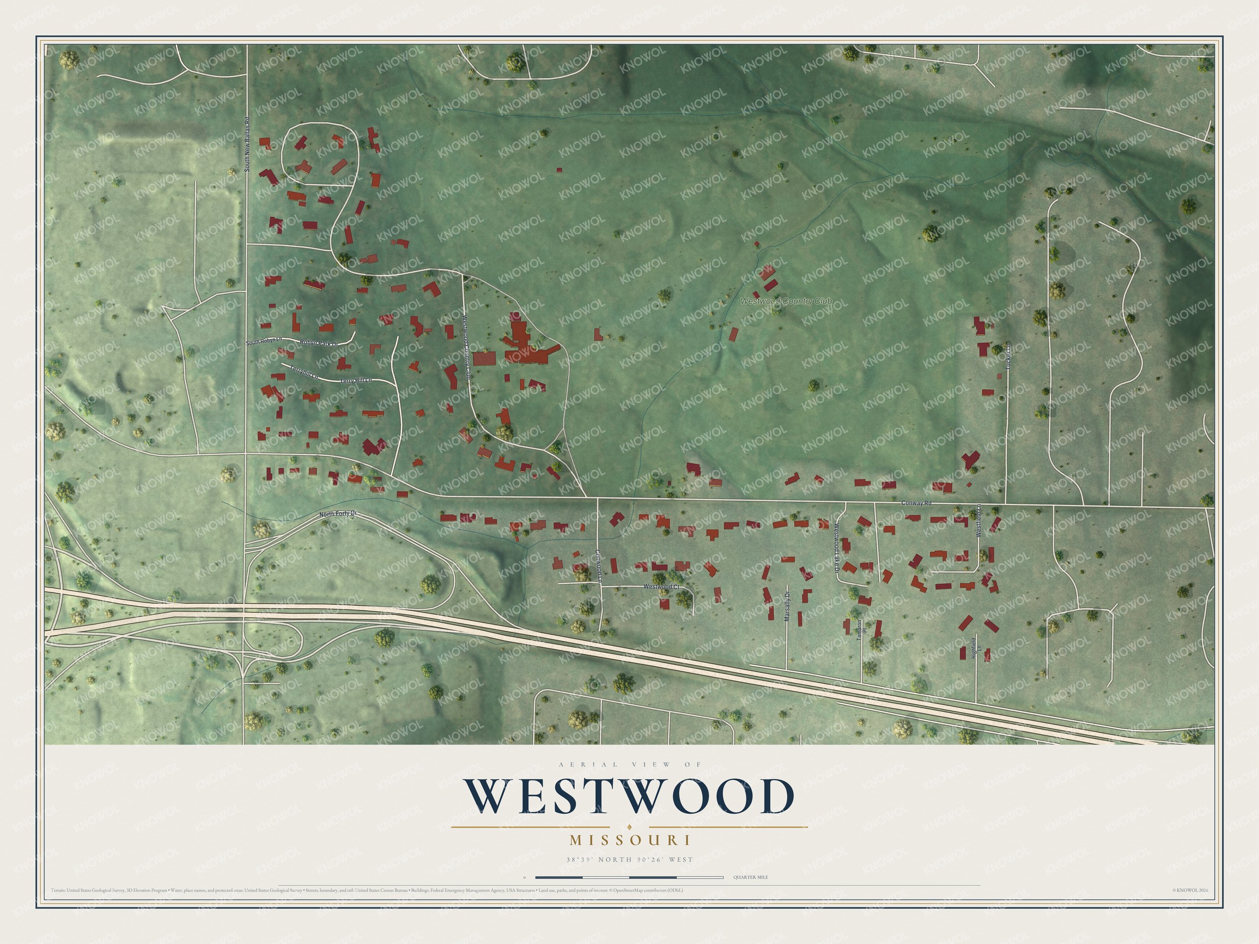 Full map of Westwood, Missouri, with red buildings, printed street names and the land around them