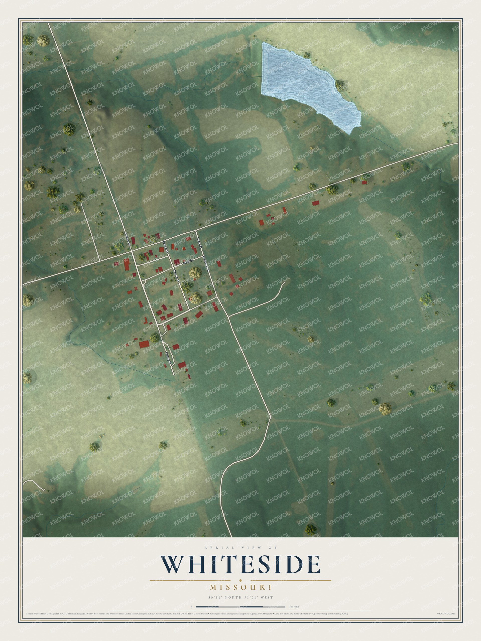 Full map of Whiteside, Missouri, with red buildings, printed street names and the land around them