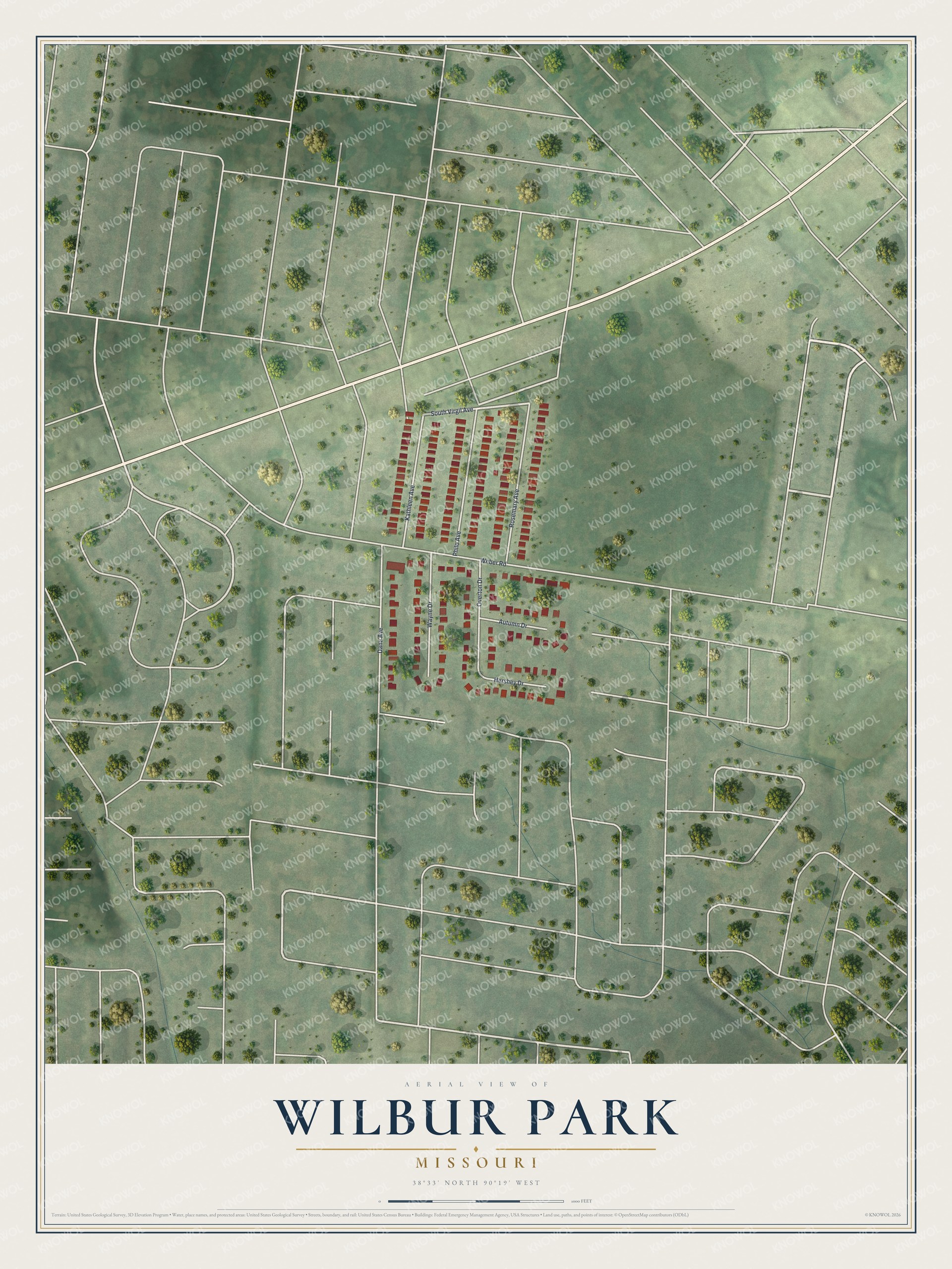 Full map of Wilbur Park, Missouri, with red buildings, printed street names and the land around them