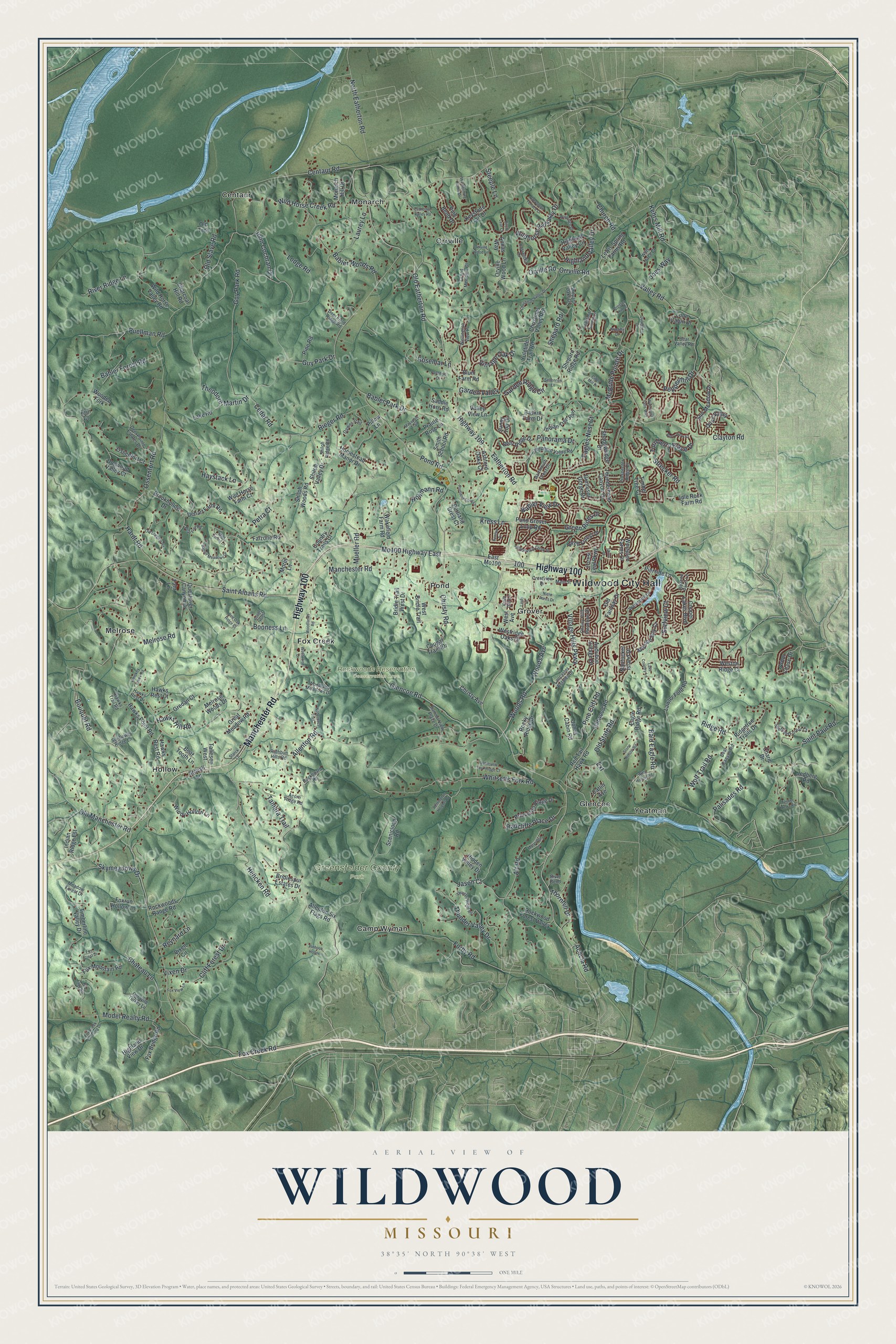 Full Wildwood, Missouri map with shaded green hills, red buildings, blue waterways and a cream title panel