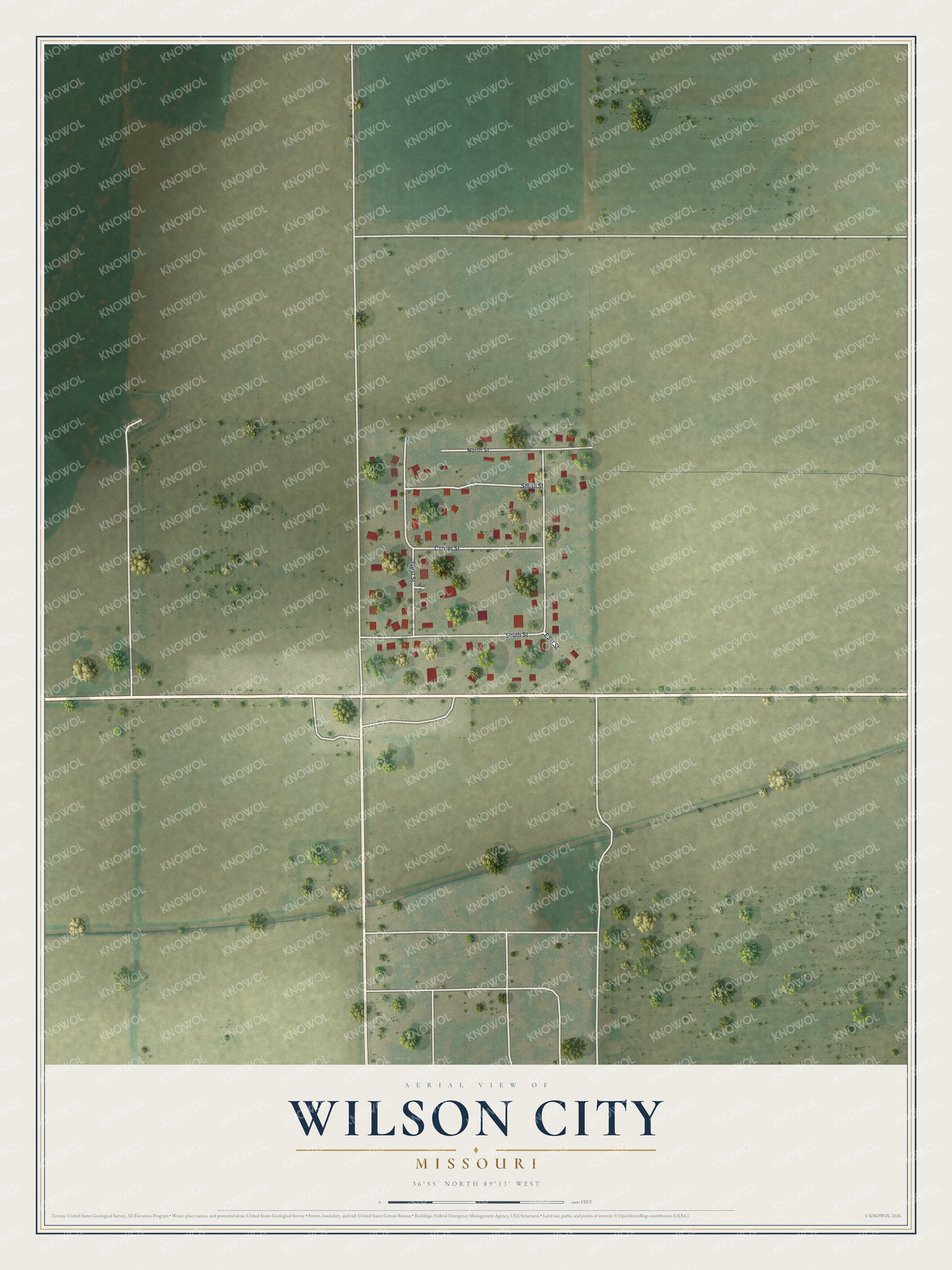 Full map of Wilson City, Missouri, with red buildings, printed street names and the land around them