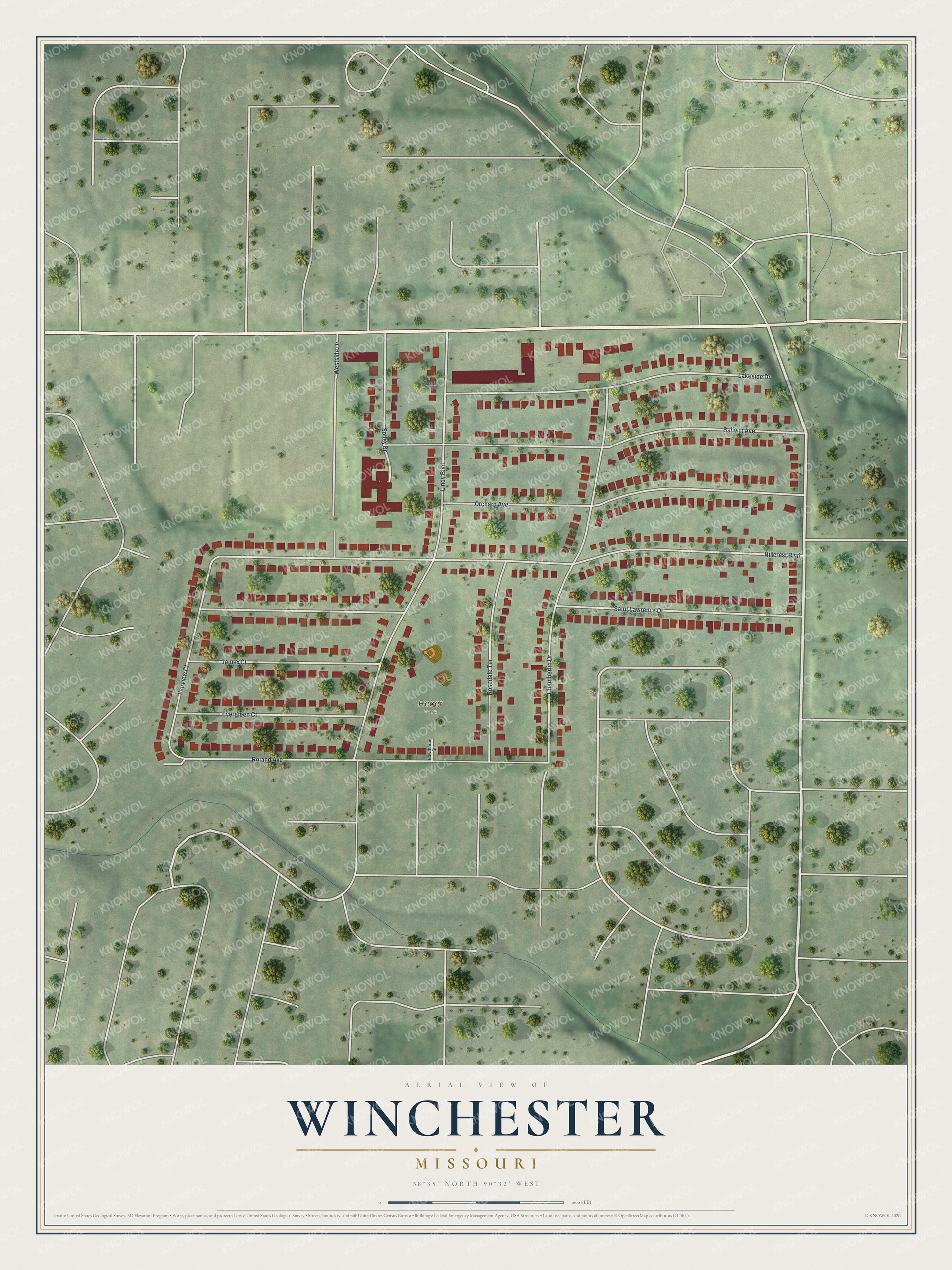 Full map of Winchester, Missouri, with red buildings, printed street names and the land around them