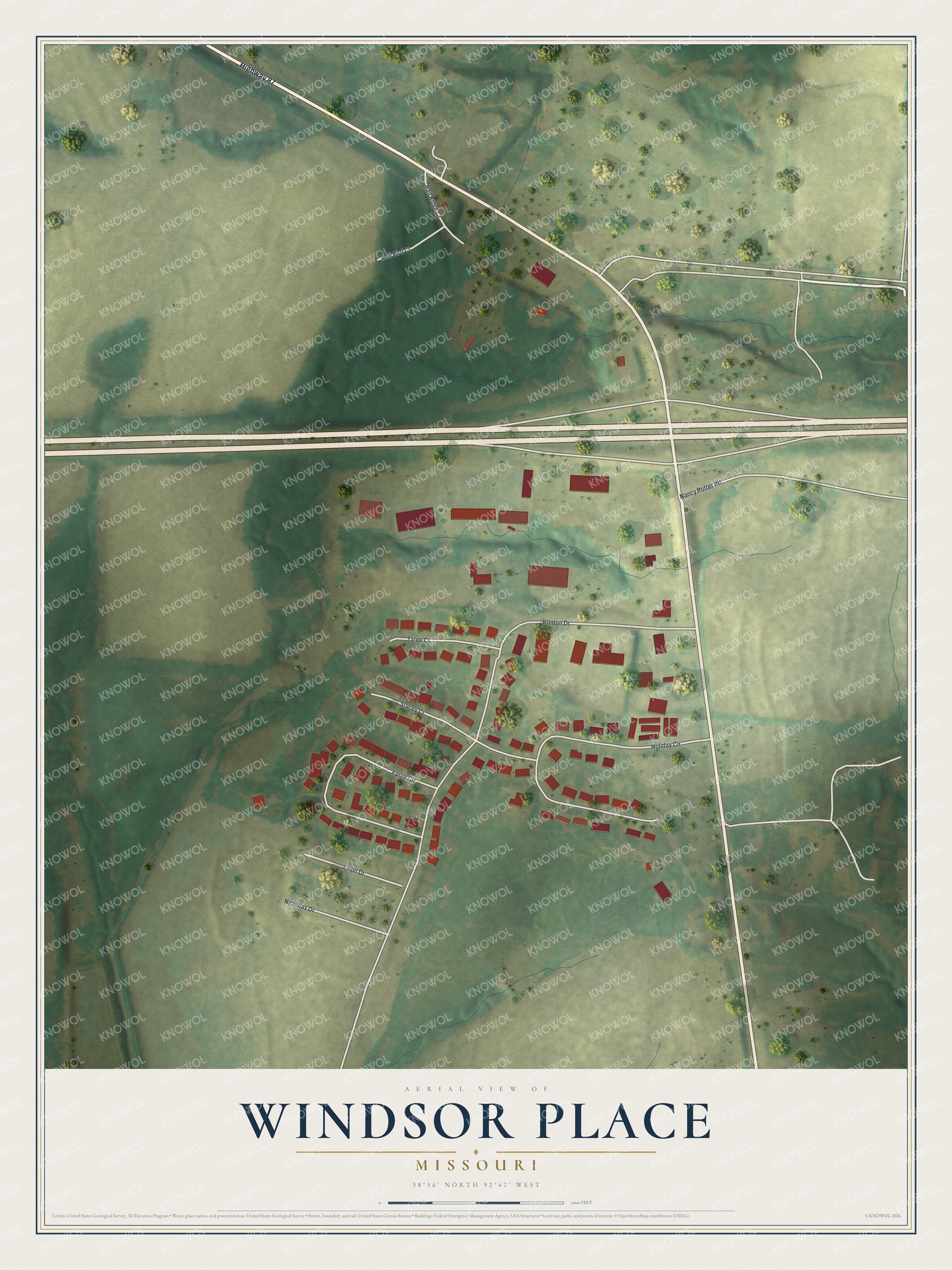 Full map of Windsor Place, Missouri, with red buildings, printed street names and the land around them