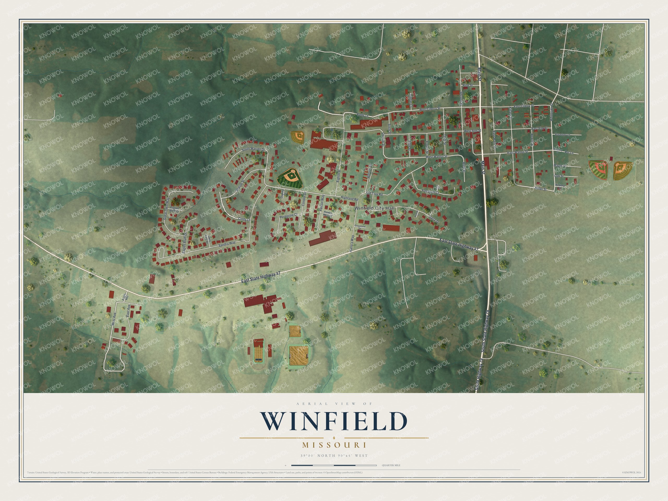 Full map of Winfield, Missouri, with red buildings, printed street names and the land around them
