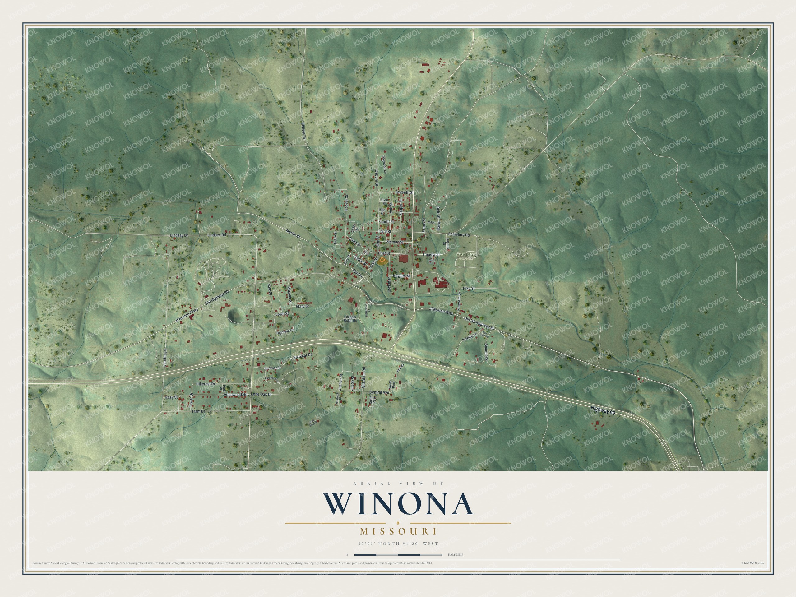 Full map of Winona, Missouri, with red buildings, printed street names and the land around them