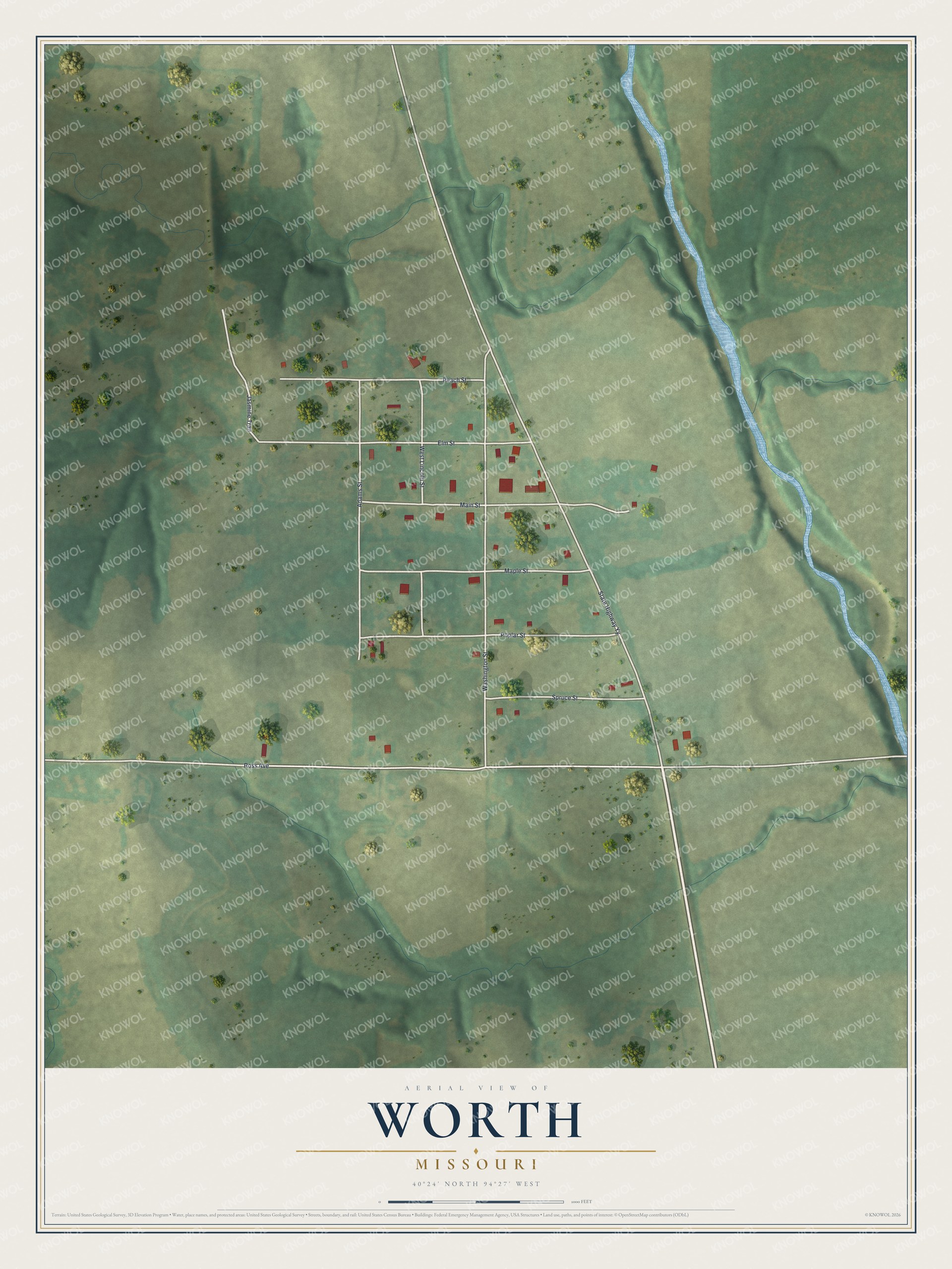 Full map of Worth, Missouri, with red buildings, printed street names and the land around them