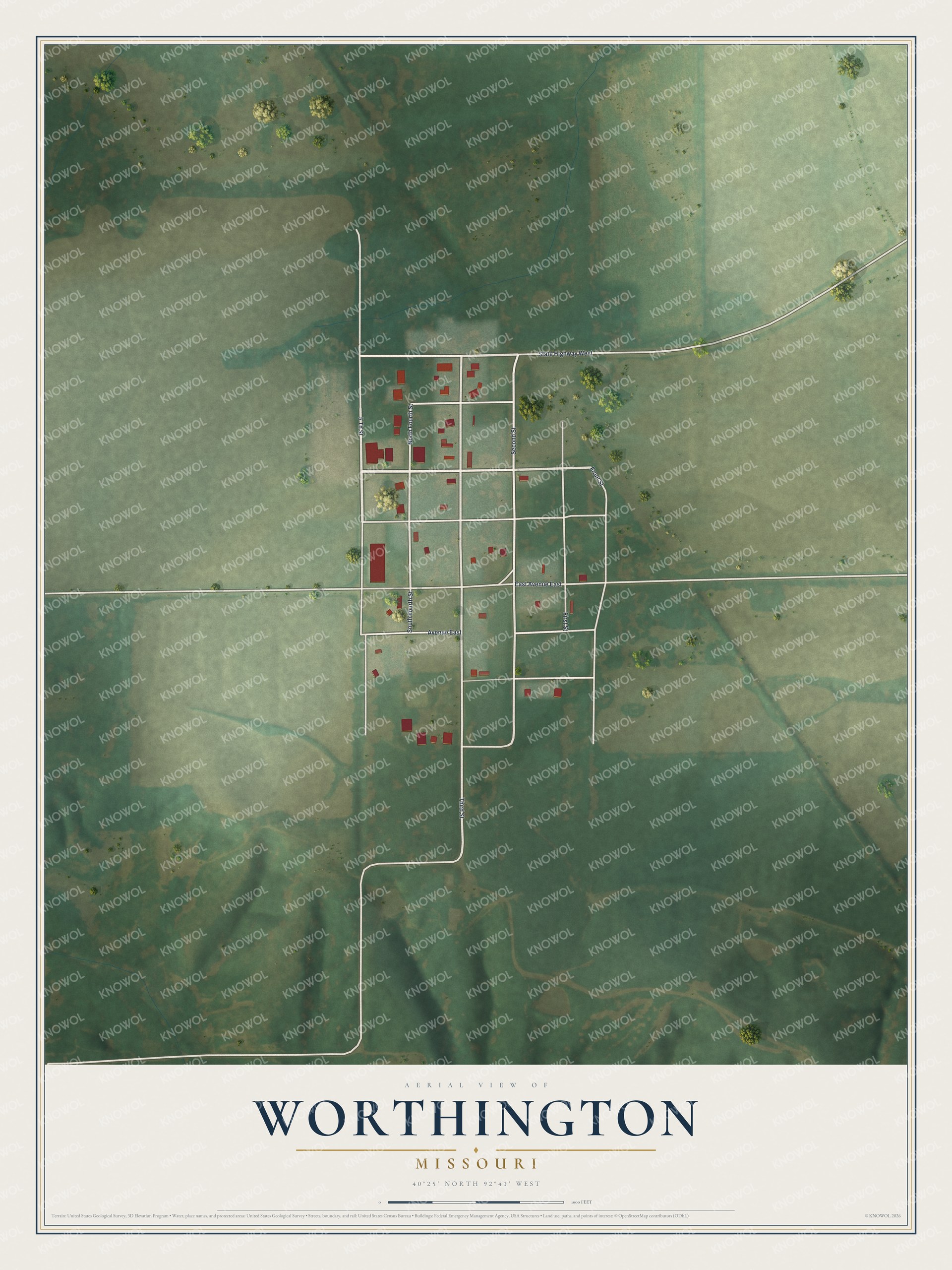 Full map of Worthington, Missouri, with red buildings, printed street names and the land around them