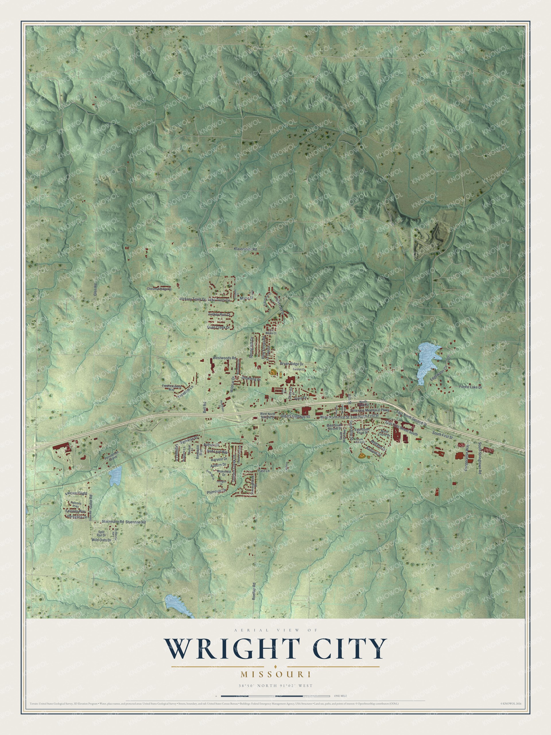 Full map of Wright City, Missouri, with red buildings, printed street names and the land around them