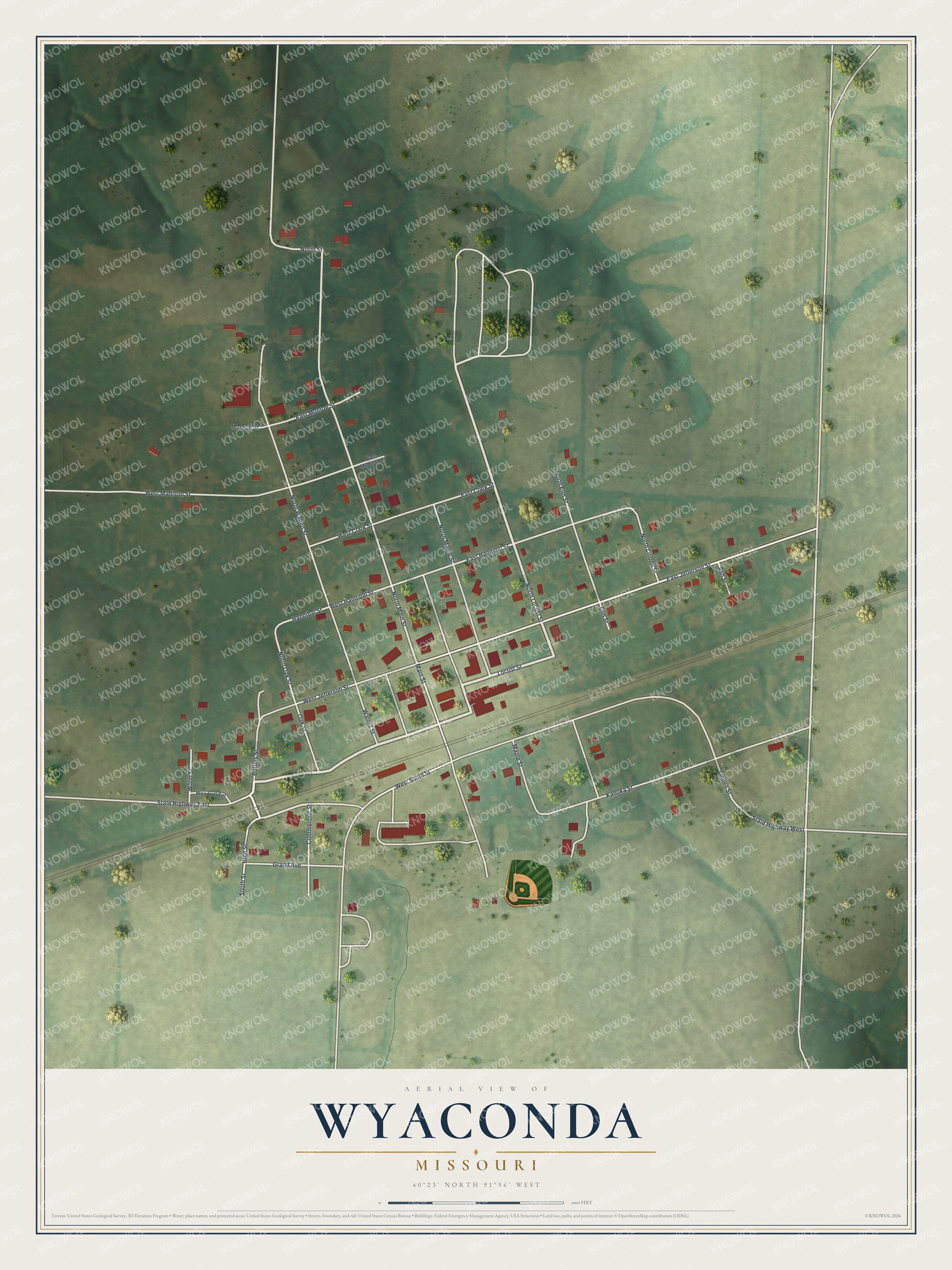 Full map of Wyaconda, Missouri, with red buildings, printed street names and the land around them