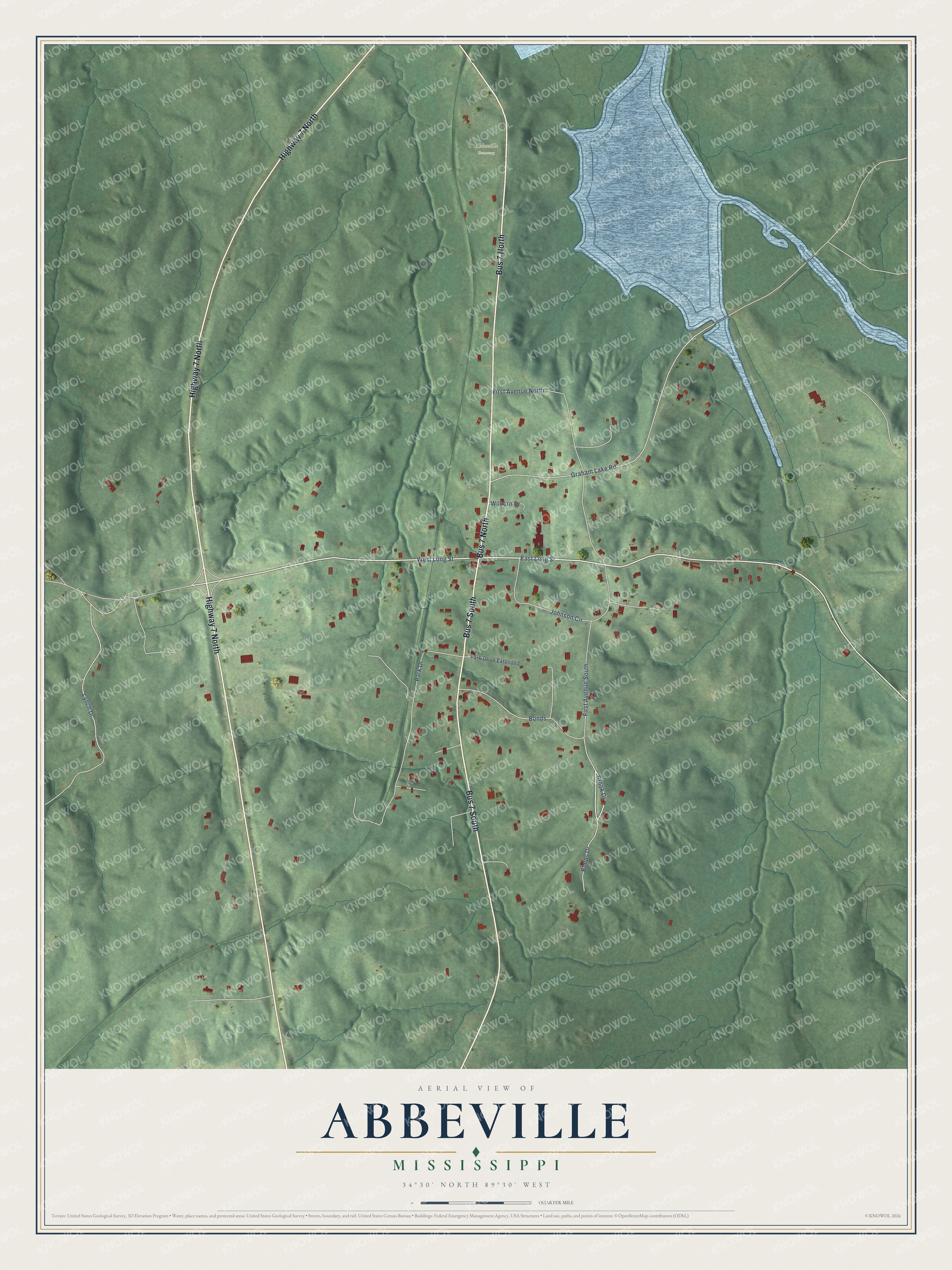 Full map of Abbeville, Mississippi, with red buildings, printed street names and the land around them