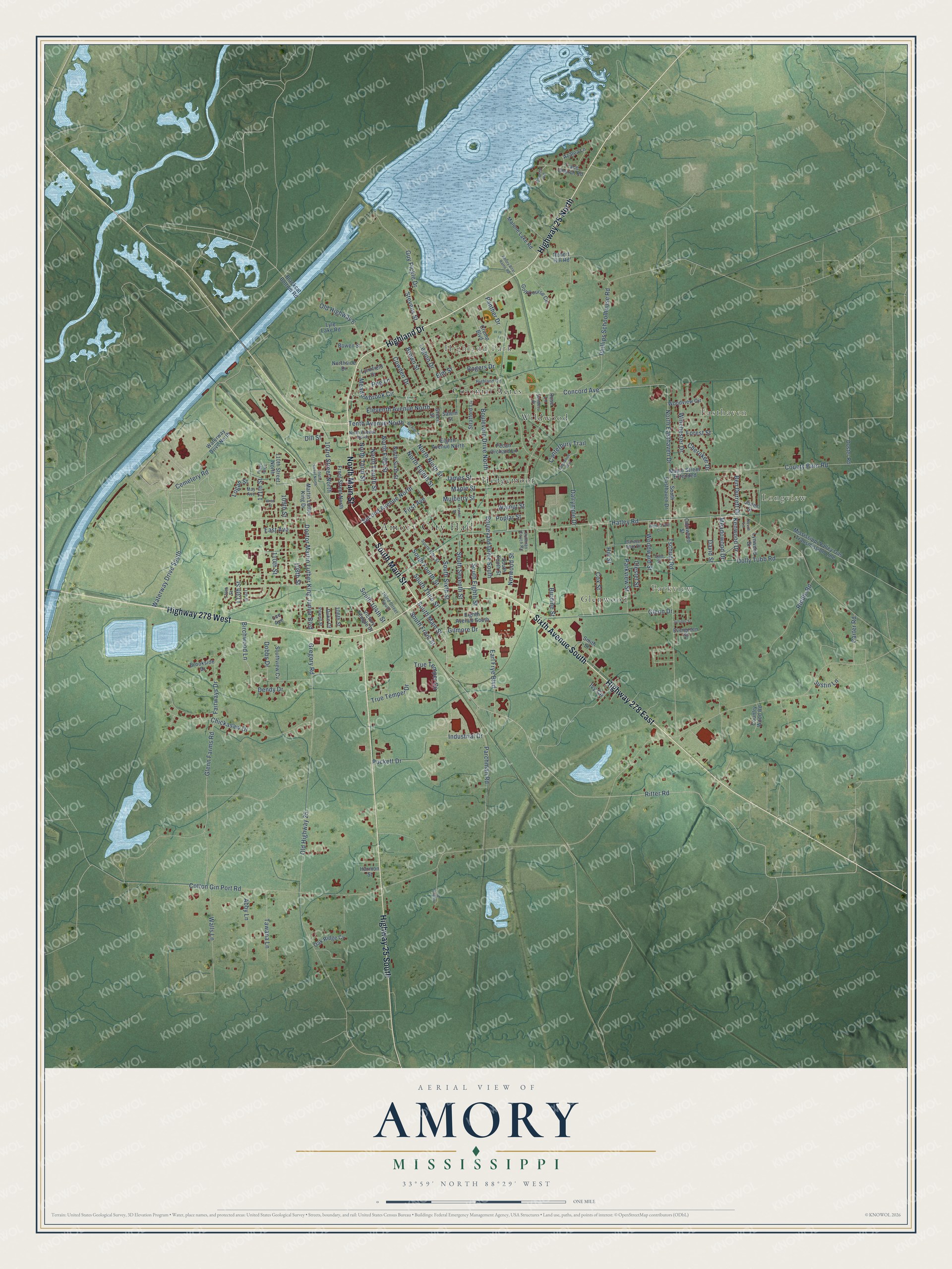 Full map of Amory, Mississippi, with red buildings, printed street names and the land around them
