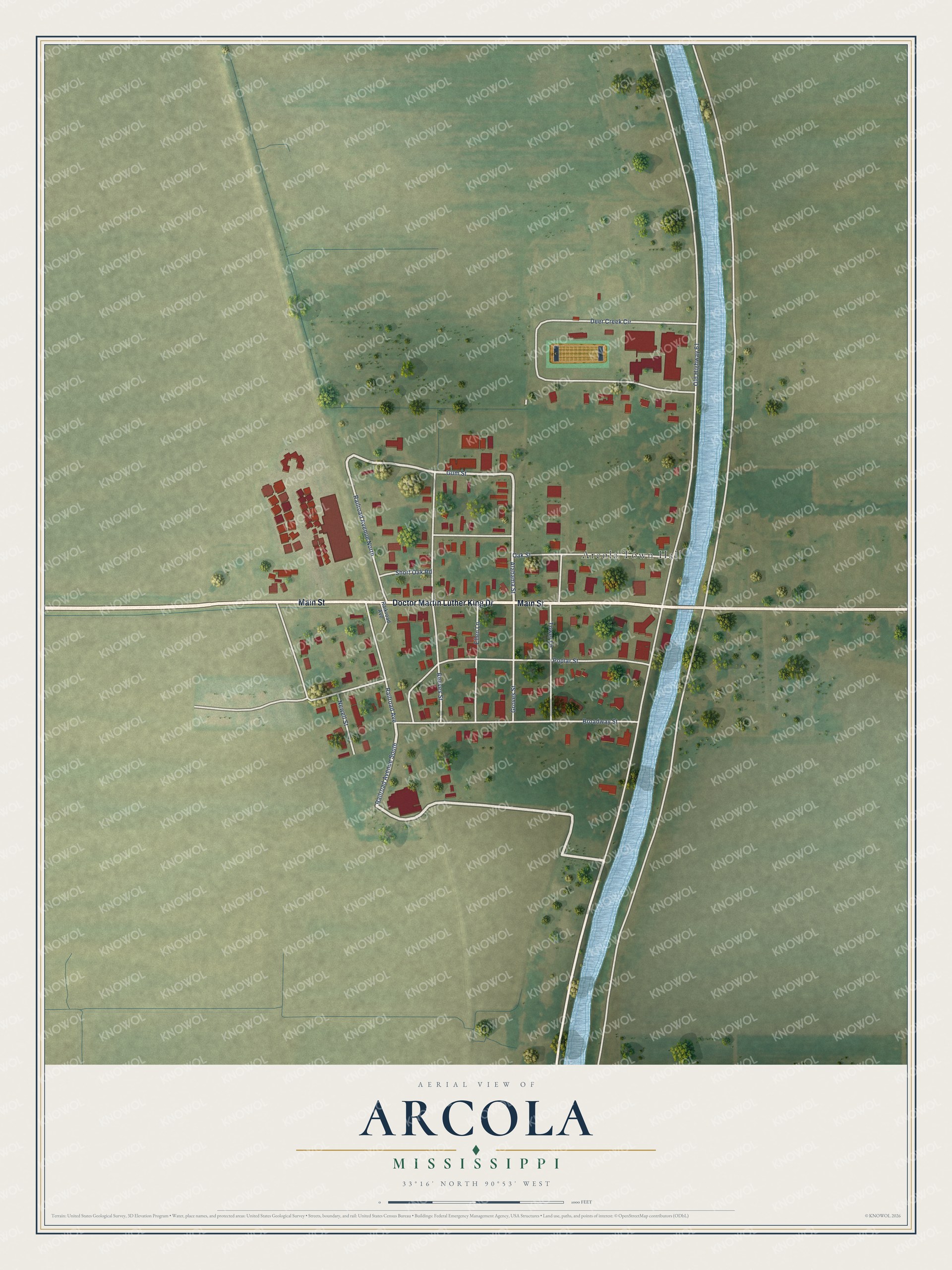 Full map of Arcola, Mississippi, with red buildings, printed street names and the land around them