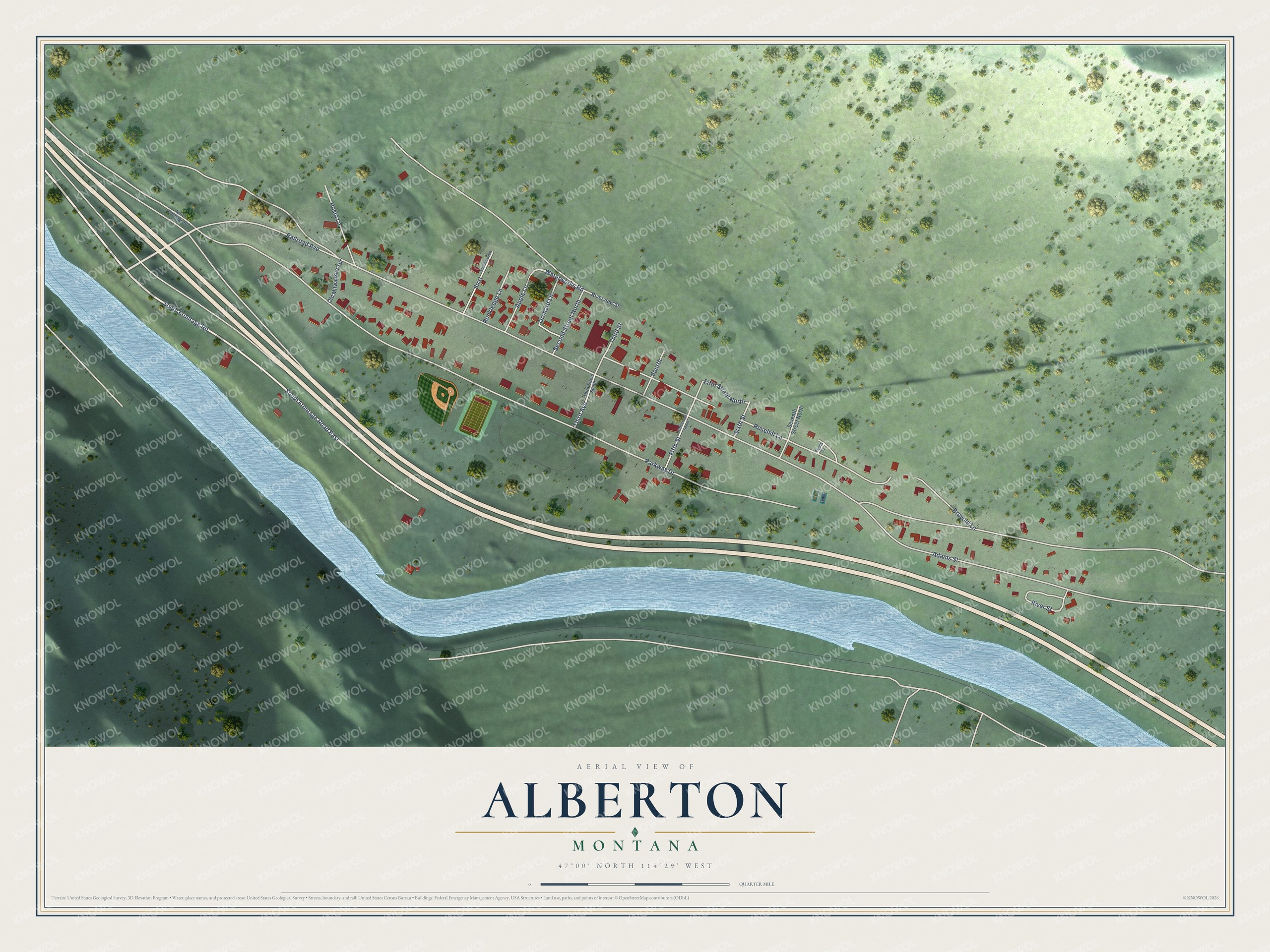 Full map of Alberton, Montana, with red buildings, printed street names and the land around them