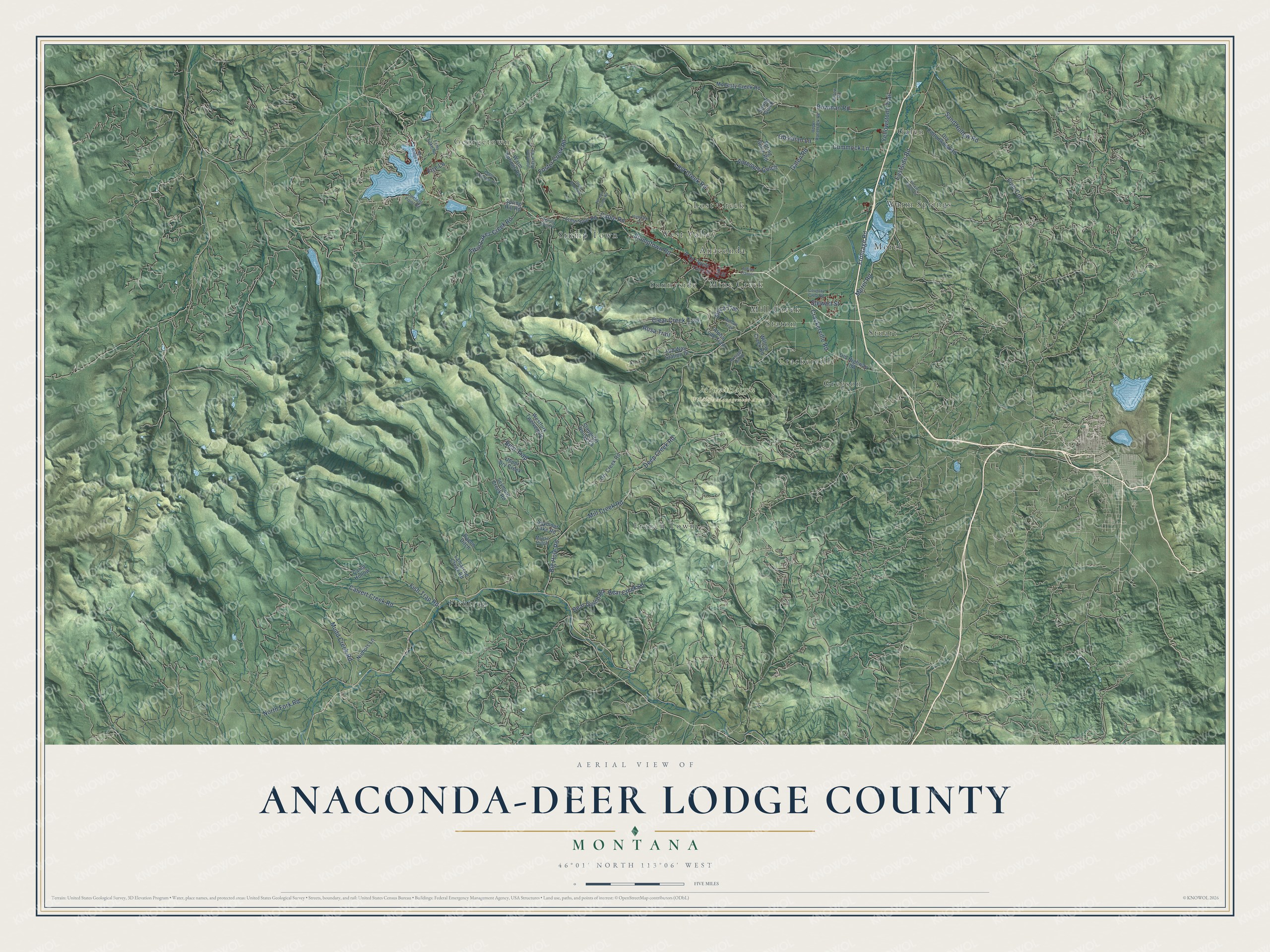 Full map of Anaconda-Deer Lodge County, Montana, with red buildings, printed street names and the land around them